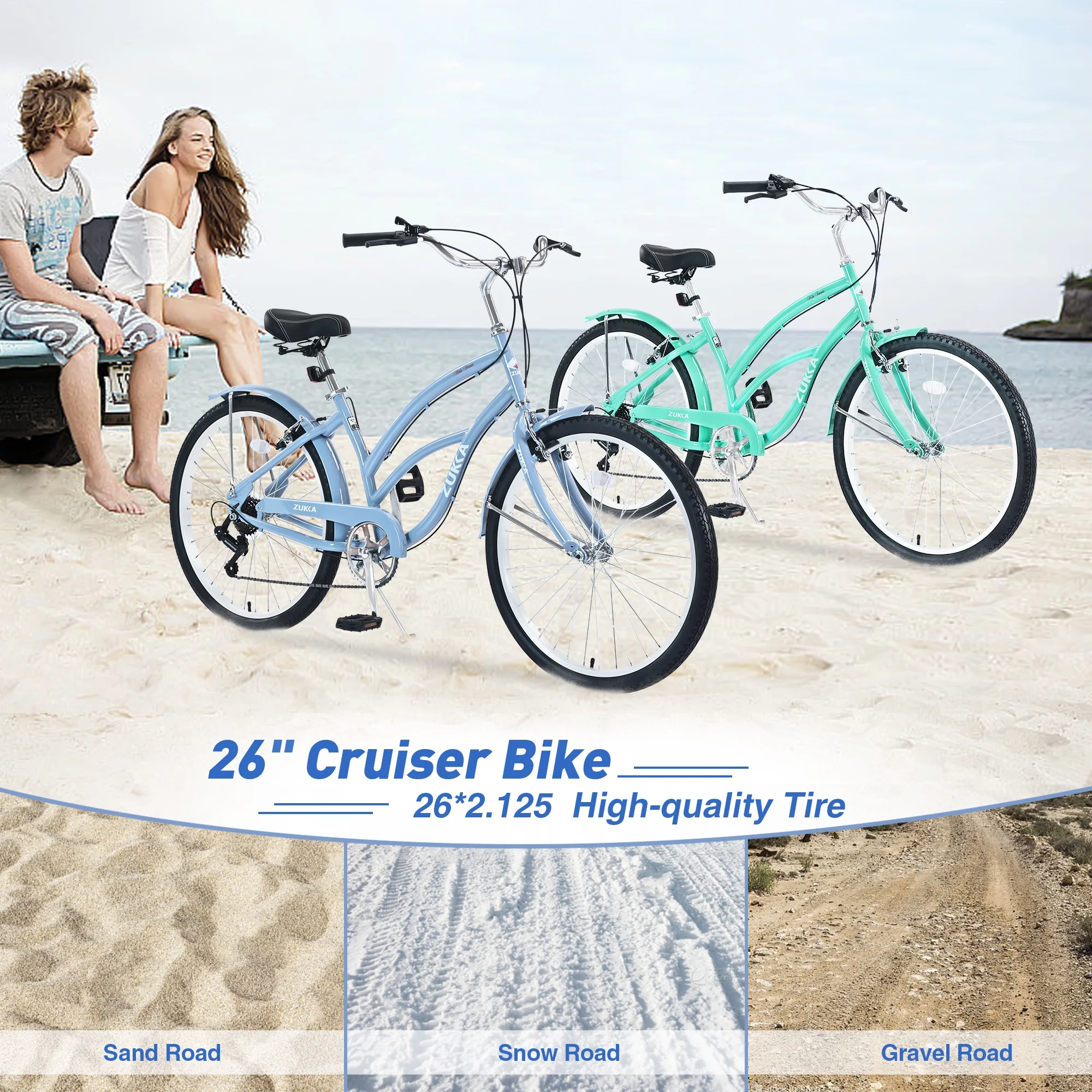 Zukka 26 Women Cruiser Bike 7 Speed Steel Frame Beach Bicycle for Ladies Girls Green