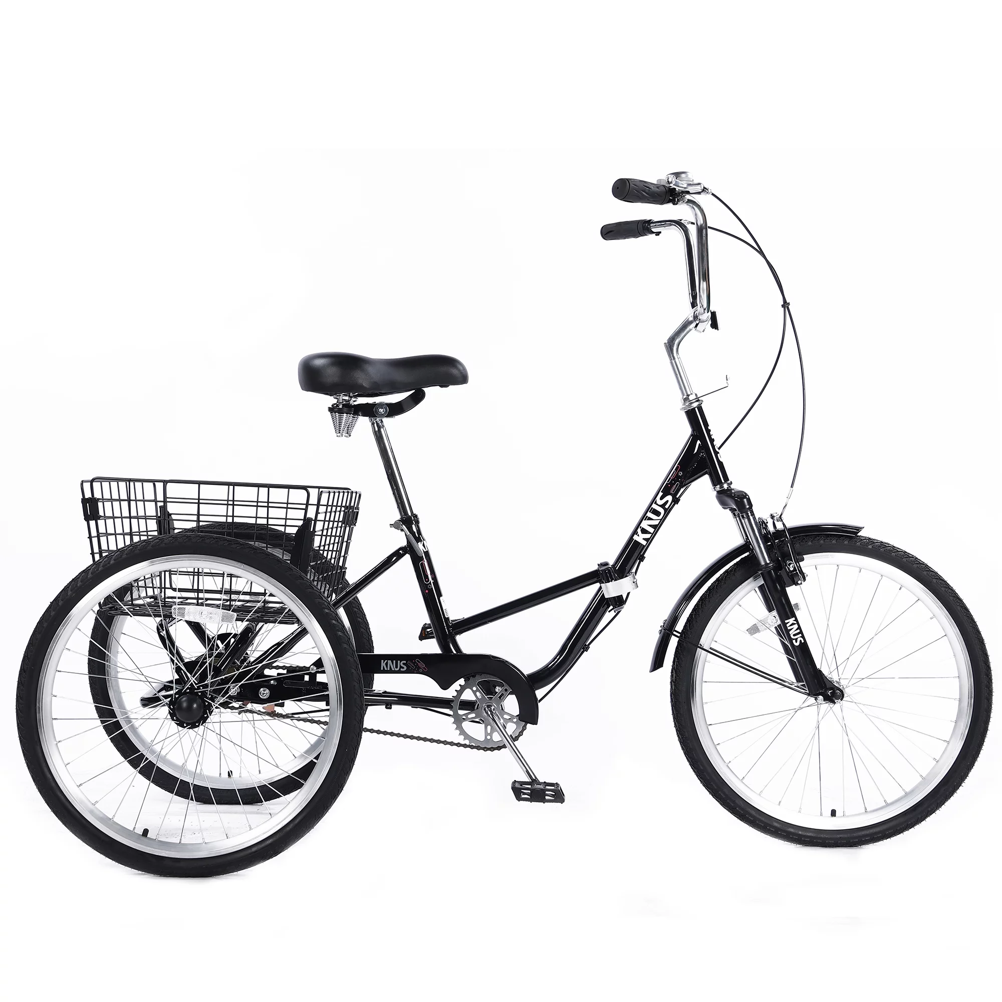 CASEMIOL Adult Tricycles 24-Inch Foldable, Big 3-Wheel Bikes with Baskets for Shopping Picnic Outdoor Sports Black Trikes for Seniors, Women, Men