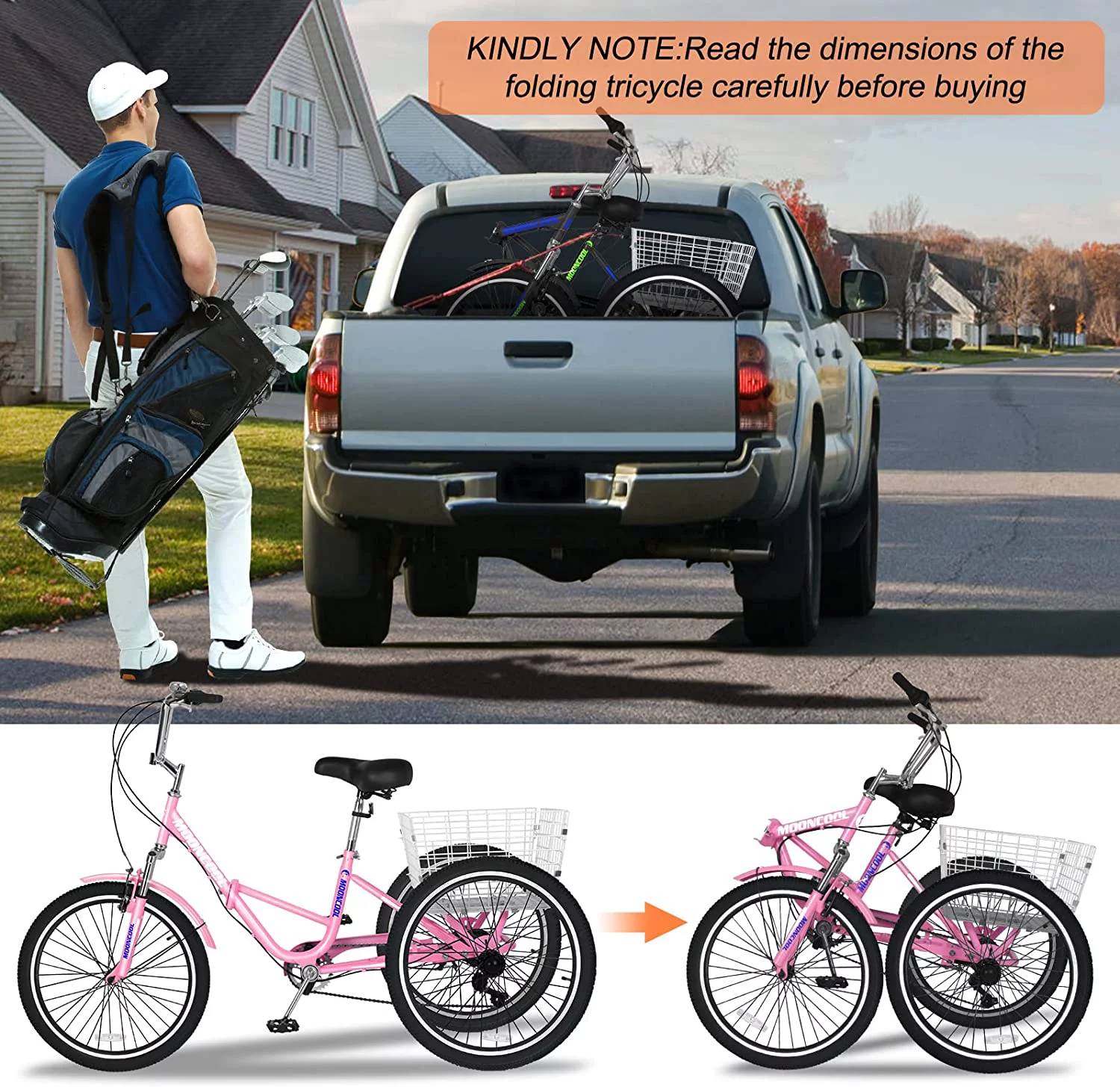 Lilypelle 26 Adult Tricycle Folding Tricycle 3 Wheel Bikes 7 Speed Trikes with Shopping Basket for SeniorsPink