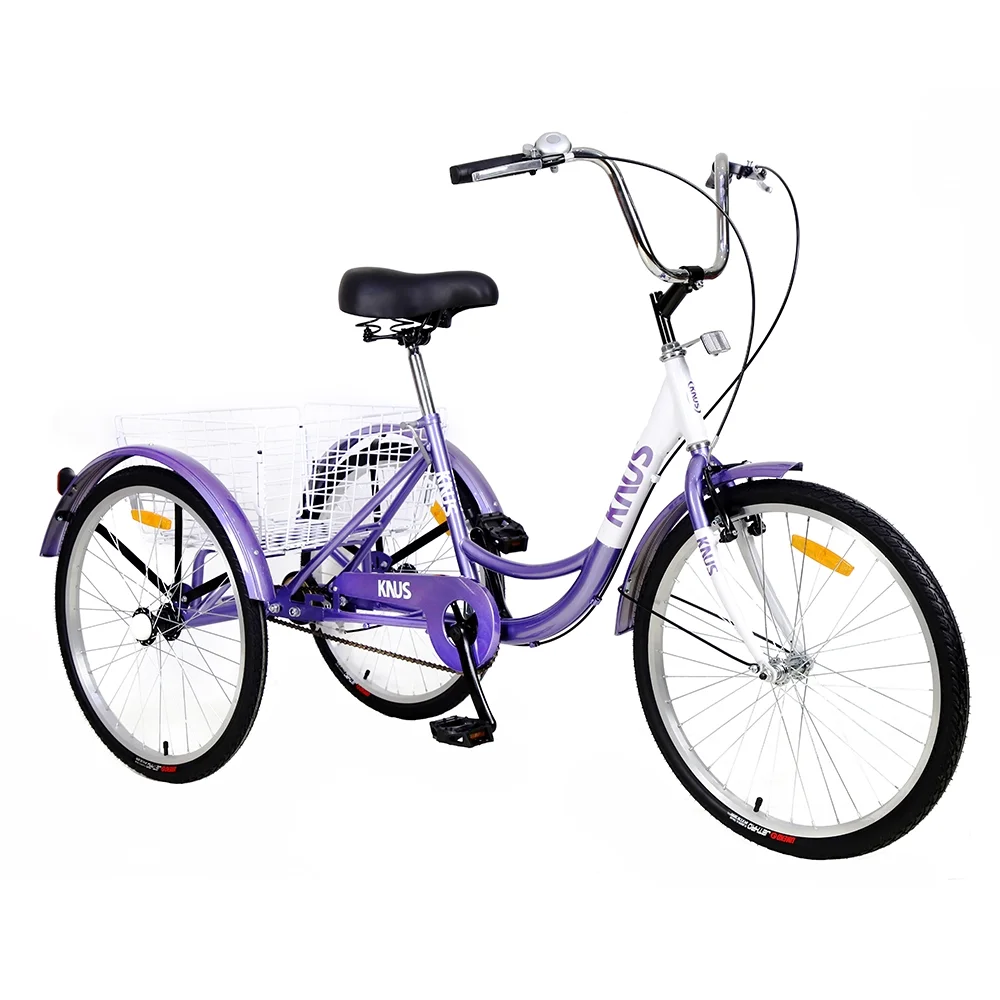 LISUEYNE Adult Folding Tricycles, 3-Wheel Cruiser Bike, 26 inch Wheels Adult Trikes with Low Step-Through, Large Basket, Foldable Tricycle for Adult, Adjustable Handlebar, Purple