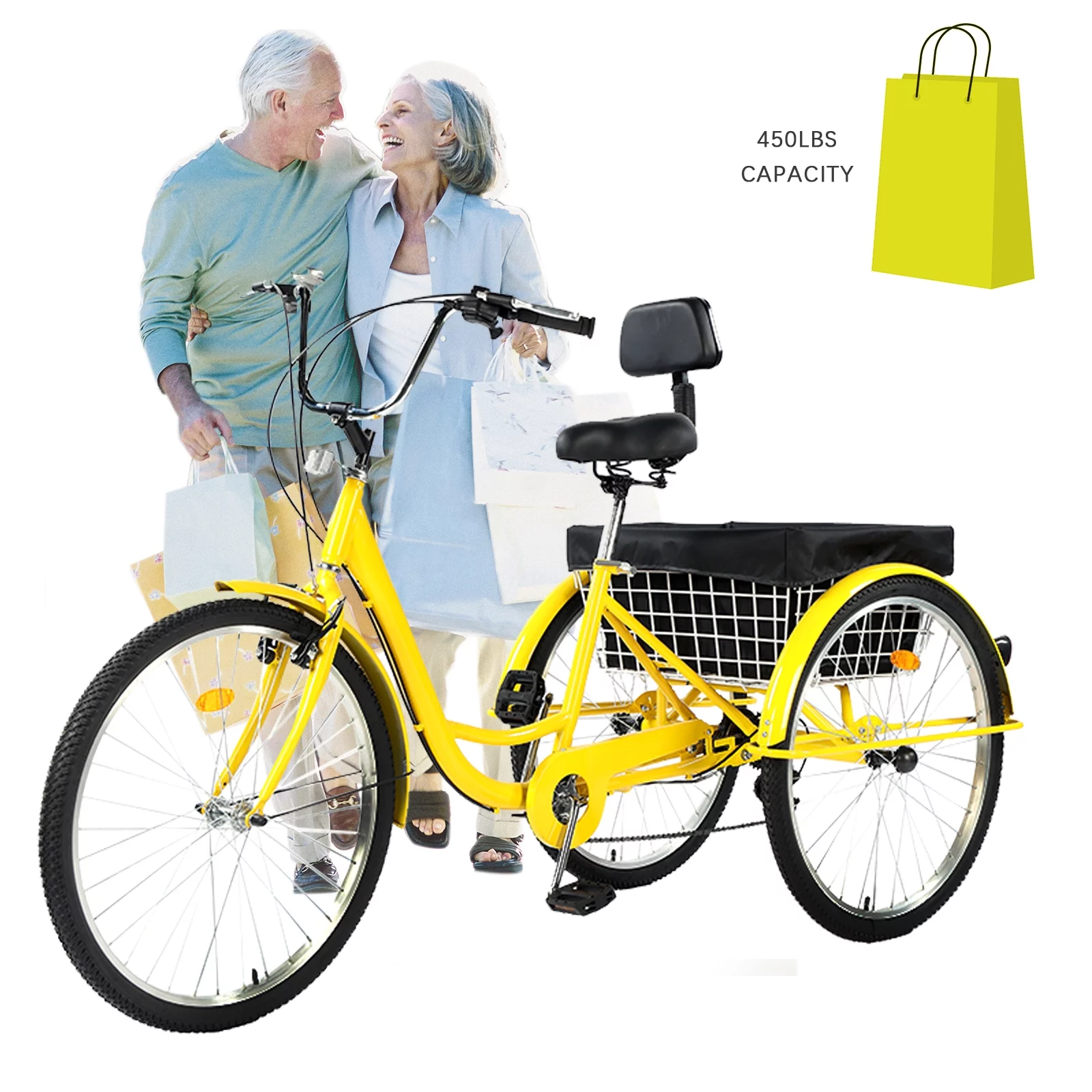 Jacgood Adult Tricycle 26 Wheels 7-Speed Trike 3 Wheels Trike with Basket and Adjustable Paddle Portable Bicycle for Adults Exercise Shopping Picnic Outdoor Activities, Yellow