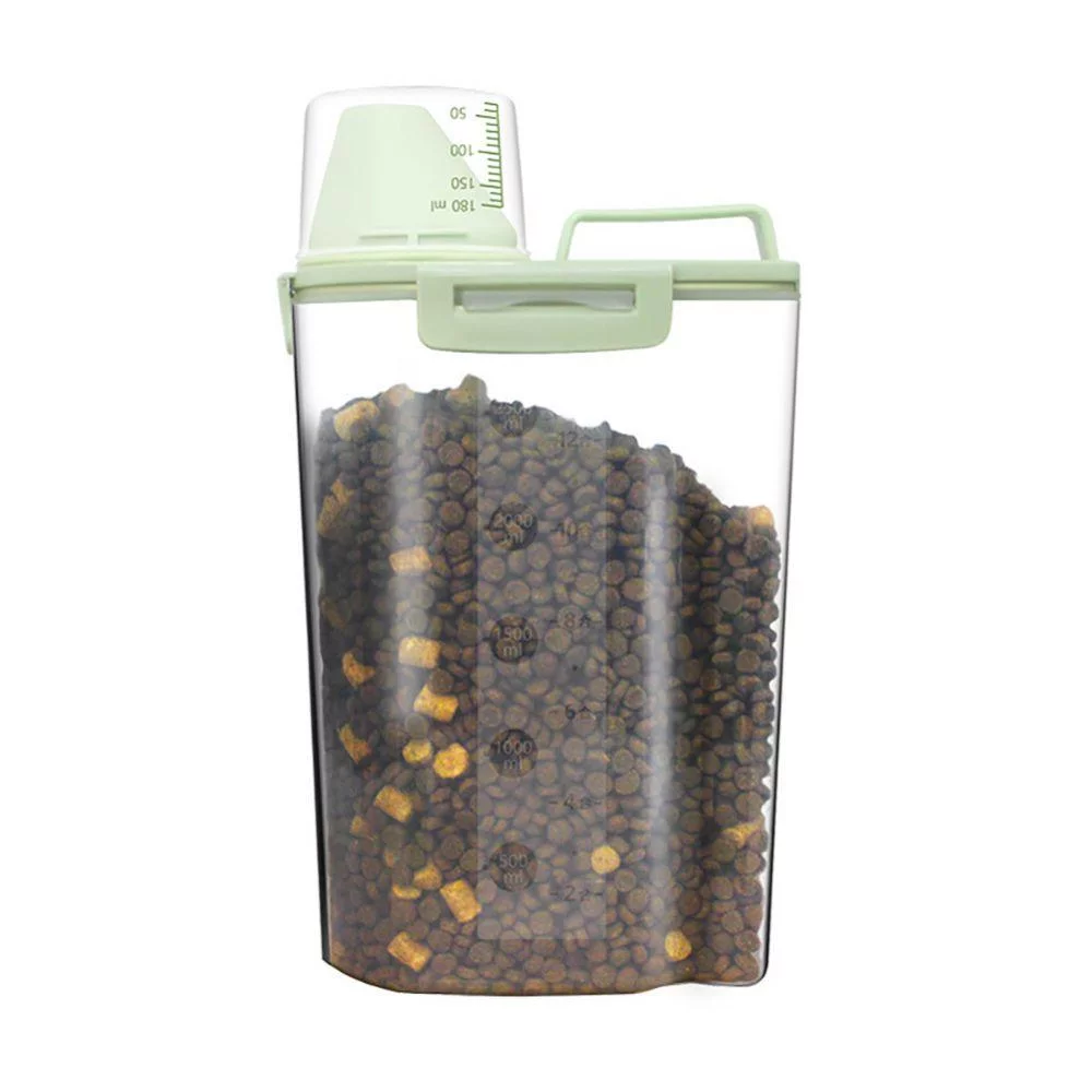 Portable Pet Food Storage Box with Handle and Measuring Cup Cat Dog Dry Food Storage Cup Sealed Buckle Food Dispensers