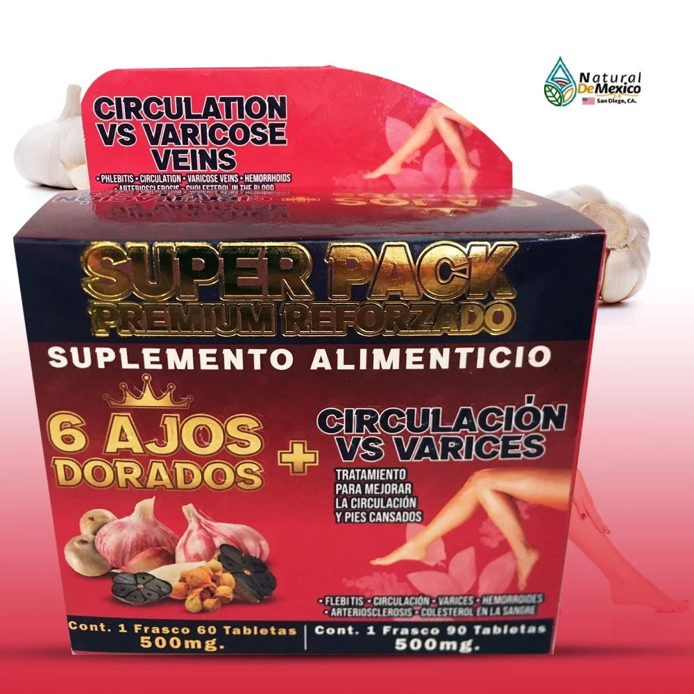 Suplemento Alimenticio para Circulacion Vs Varices 150 Tabs. de 500mg. c/u 6 Ajos Dorados Piernas Cansadas