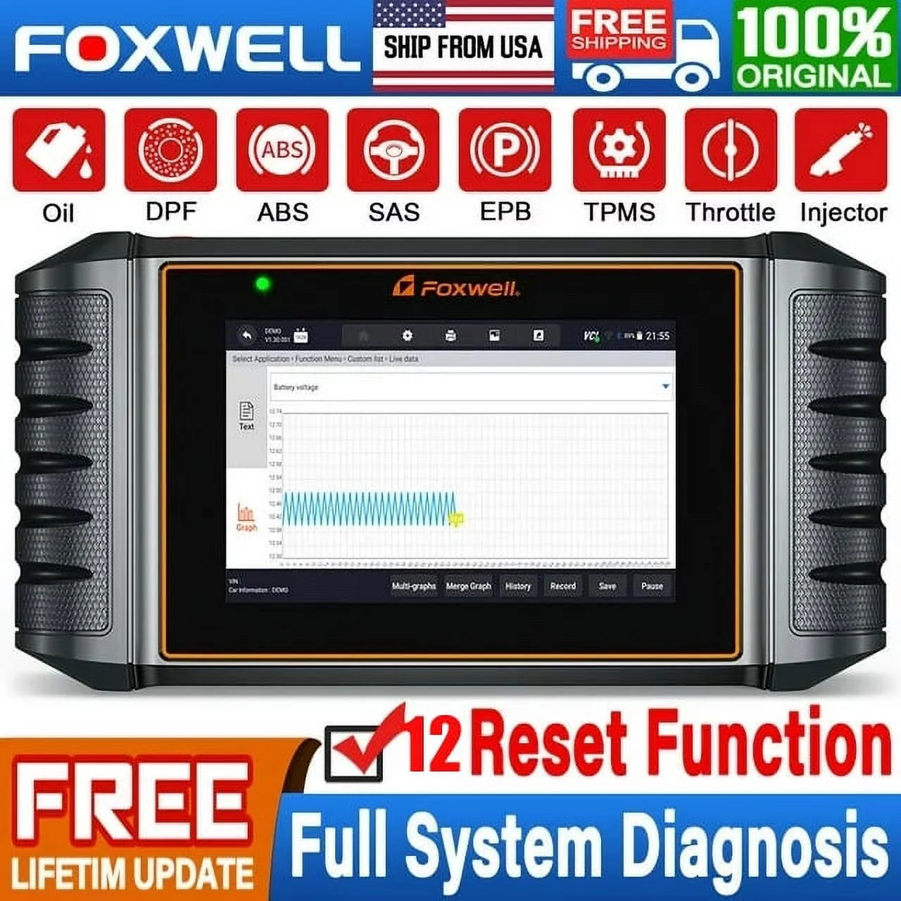 Foxwell NT726 OBD2 Scanner All Systems Diagnostic Tool ABS Bleeding SAS Calibration Oil EPB Throttle Reset 12 Maintainence Services Car Code Reader Free Update with a 5.5inch Touchscreen