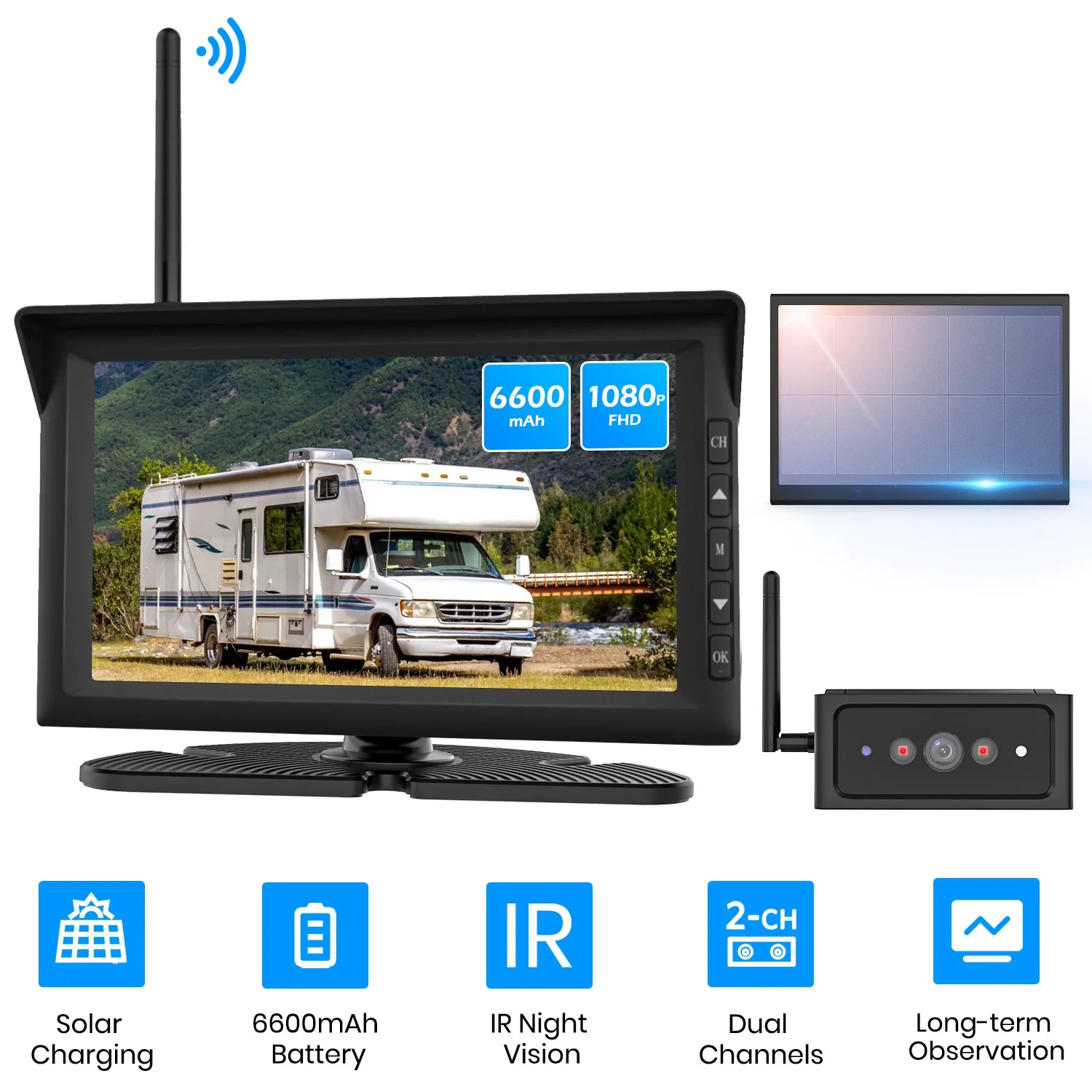 Auto-Vox Wireless Solar Backup Camera 7 HD Monitor Kit Support 2 Cameras IR Night Vision Reverse Camera for Truck RV Trailer Van Solar4