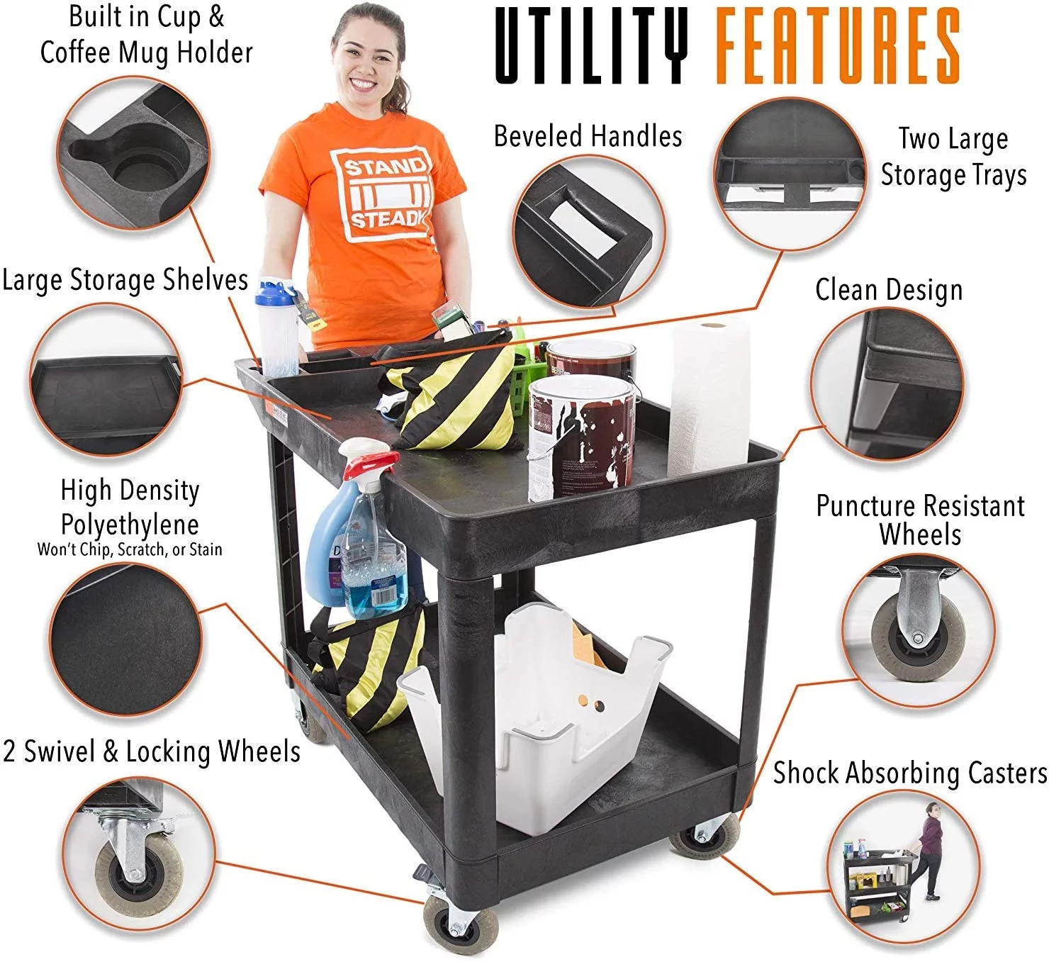 stand steady original tubstr xl outdoor cart with heavy duty wheels | two shelf utility cart supports up to 500 lbs! tub carts with deep shelves and shock absorbent wheels (45.5 x