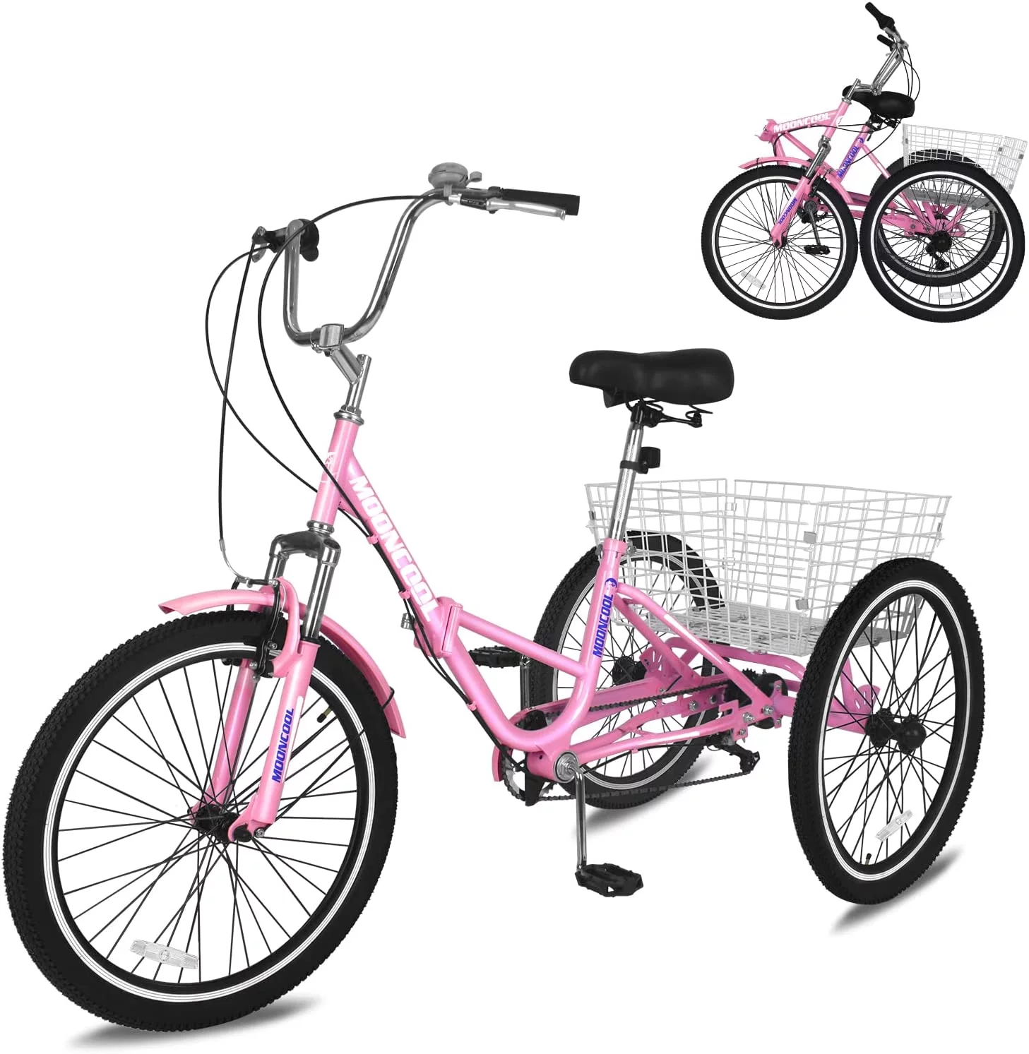 Lilypelle 26 Adult Tricycle Folding Tricycle 3 Wheel Bikes 7 Speed Trikes with Shopping Basket for SeniorsPink