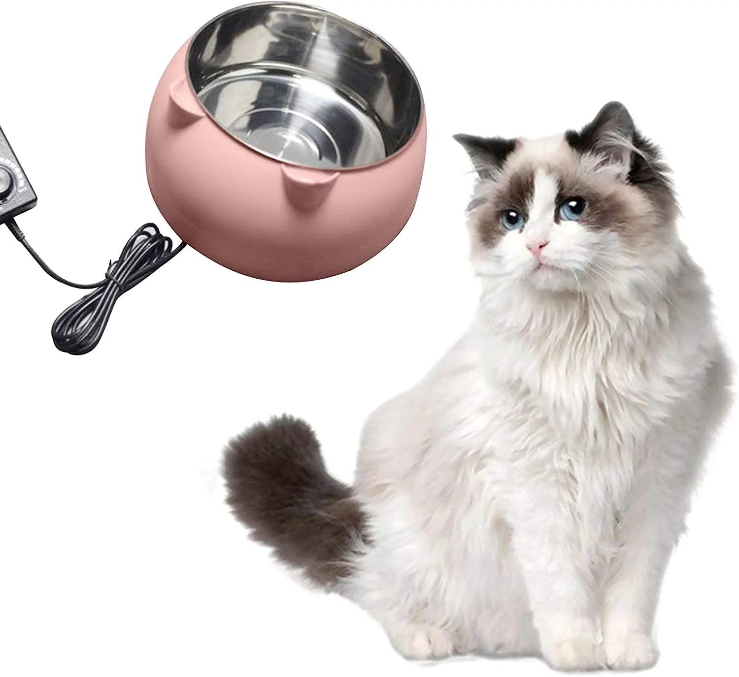 Boluotou Heated Pet Bowl Outdoor Dog Thermal-Bowl, Mess Free 15°Slanted Bowl for Dogs and Cats, Non-Skid & Non-Spill, Easier to Reach Food, Thermal-Bowl Heated Cat & Dog Bowl, Pink