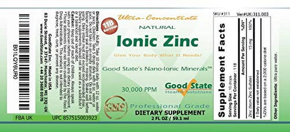 (Glass Bottle) Good State Liquid Ionic Minerals - Zinc Ultra Concentrate - (10 drops equals 15mg) (100 servings per bottle)