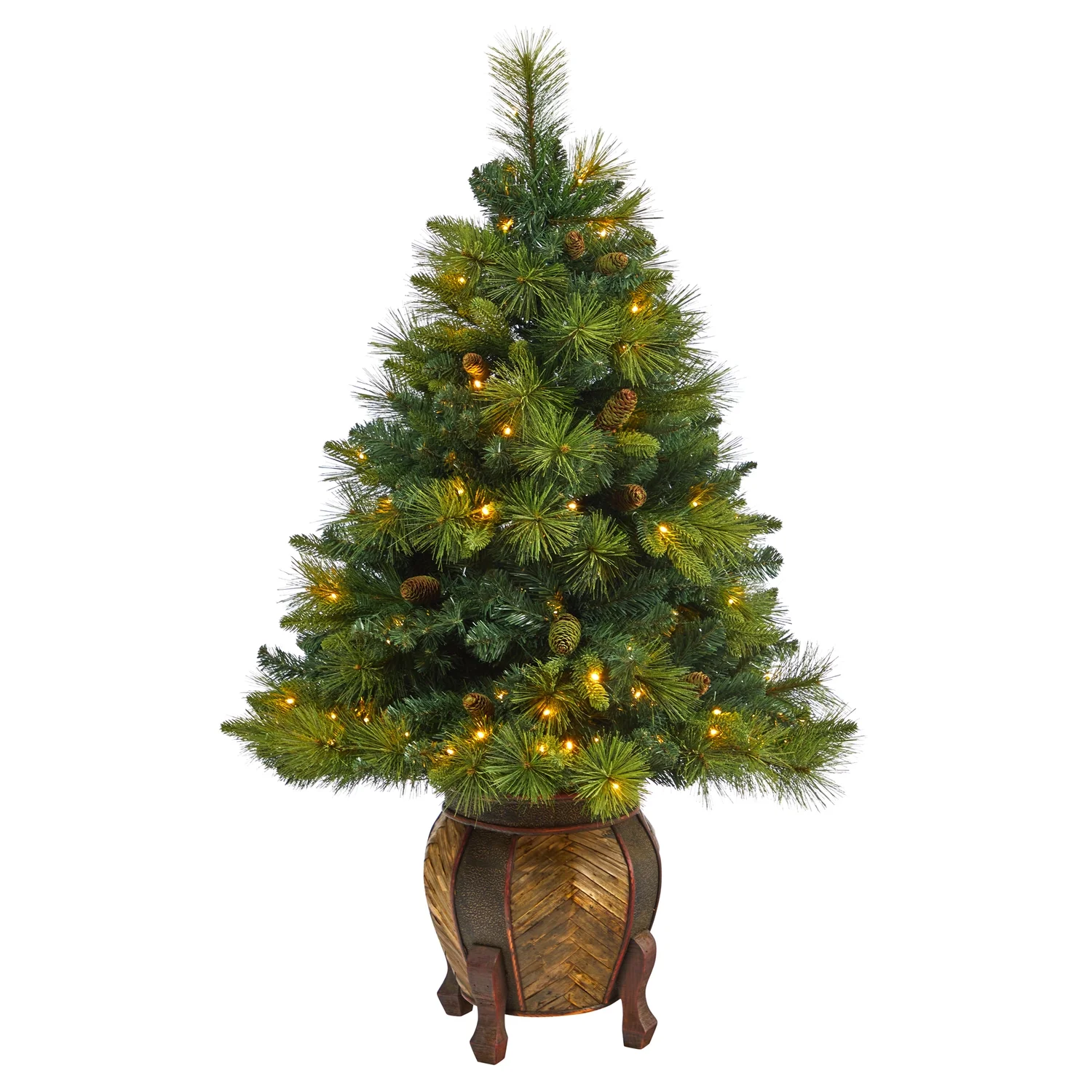 HomeStock Contemporary Cool 52In. North Carolina Mixed Pine Artificial Christmas Tree With 130 Warm White Led Lights, 459 Bendable Branches And Pinecones In Decorative Planter