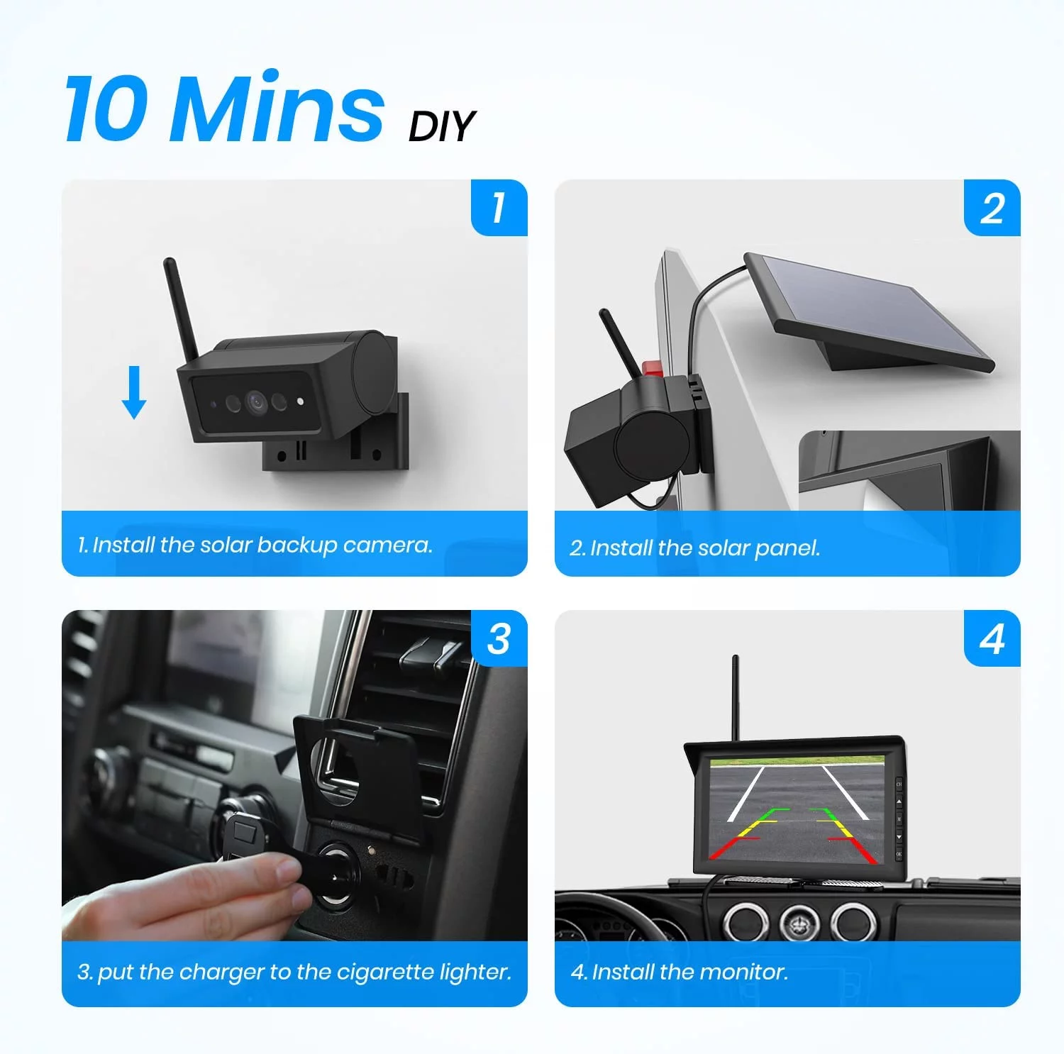 Auto-Vox Wireless Solar Backup Camera 7 HD Monitor Kit Support 2 Cameras IR Night Vision Reverse Camera for Truck RV Trailer Van Solar4