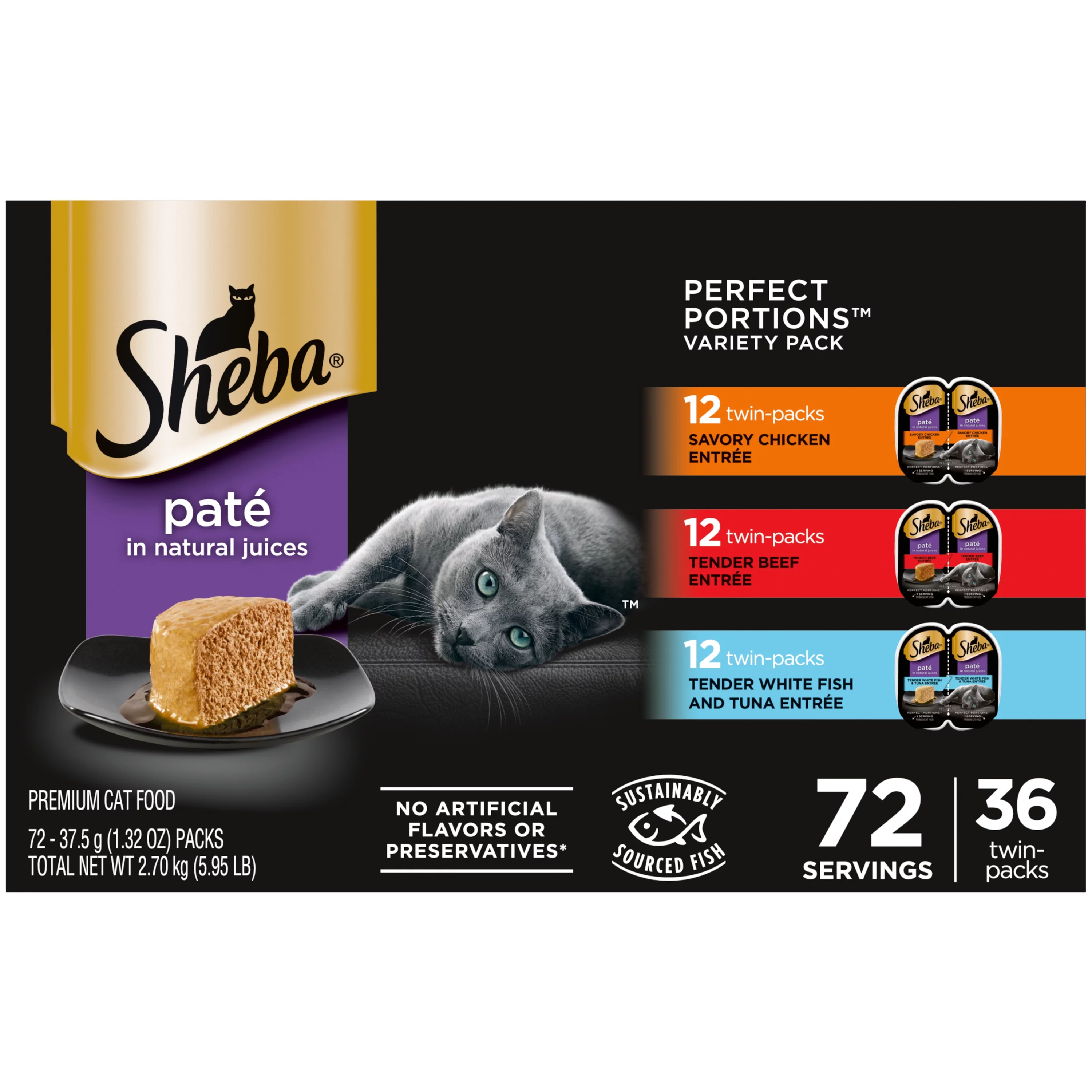 SHEBA Wet Cat Food Pate Variety Pack, Savory Chicken, Tender Beef, and Tender Whitefish and Tuna Entrees, 2.6 oz. PERFECT PORTIONS Twin Pack Trays
