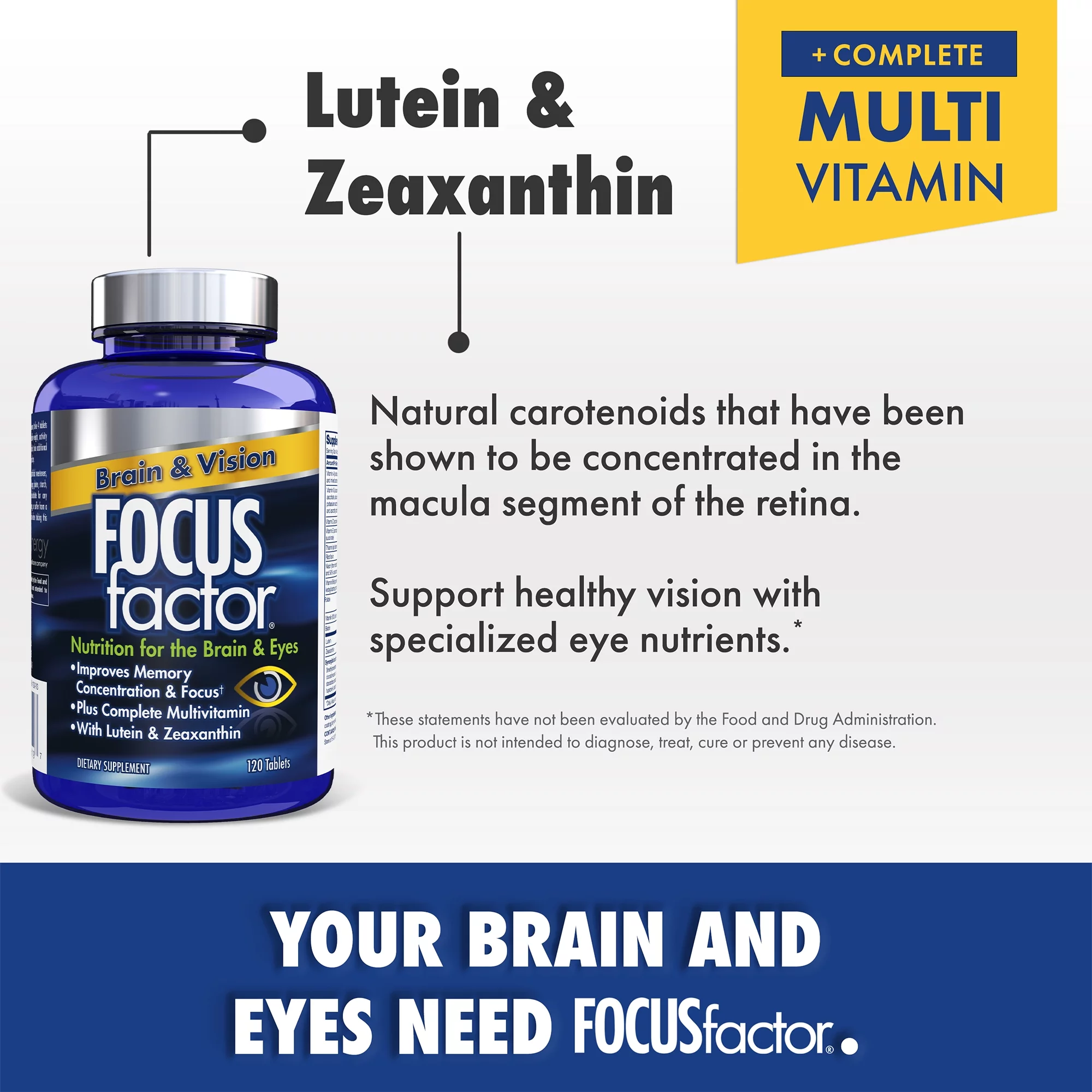 Focus Factor Brain & Vision Supplement (120ct) - Eye Health Vitamin with Lutein & Zeaxanthin