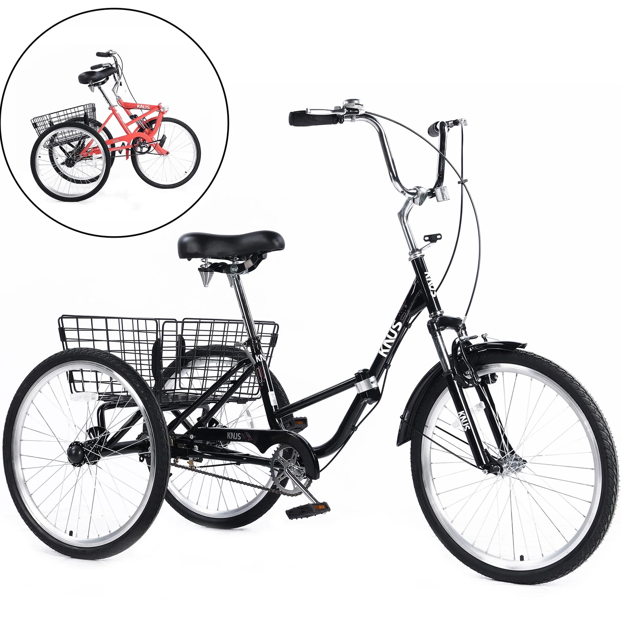 CASEMIOL Adult Tricycles 24-Inch Foldable, Big 3-Wheel Bikes with Baskets for Shopping Picnic Outdoor Sports Black Trikes for Seniors, Women, Men