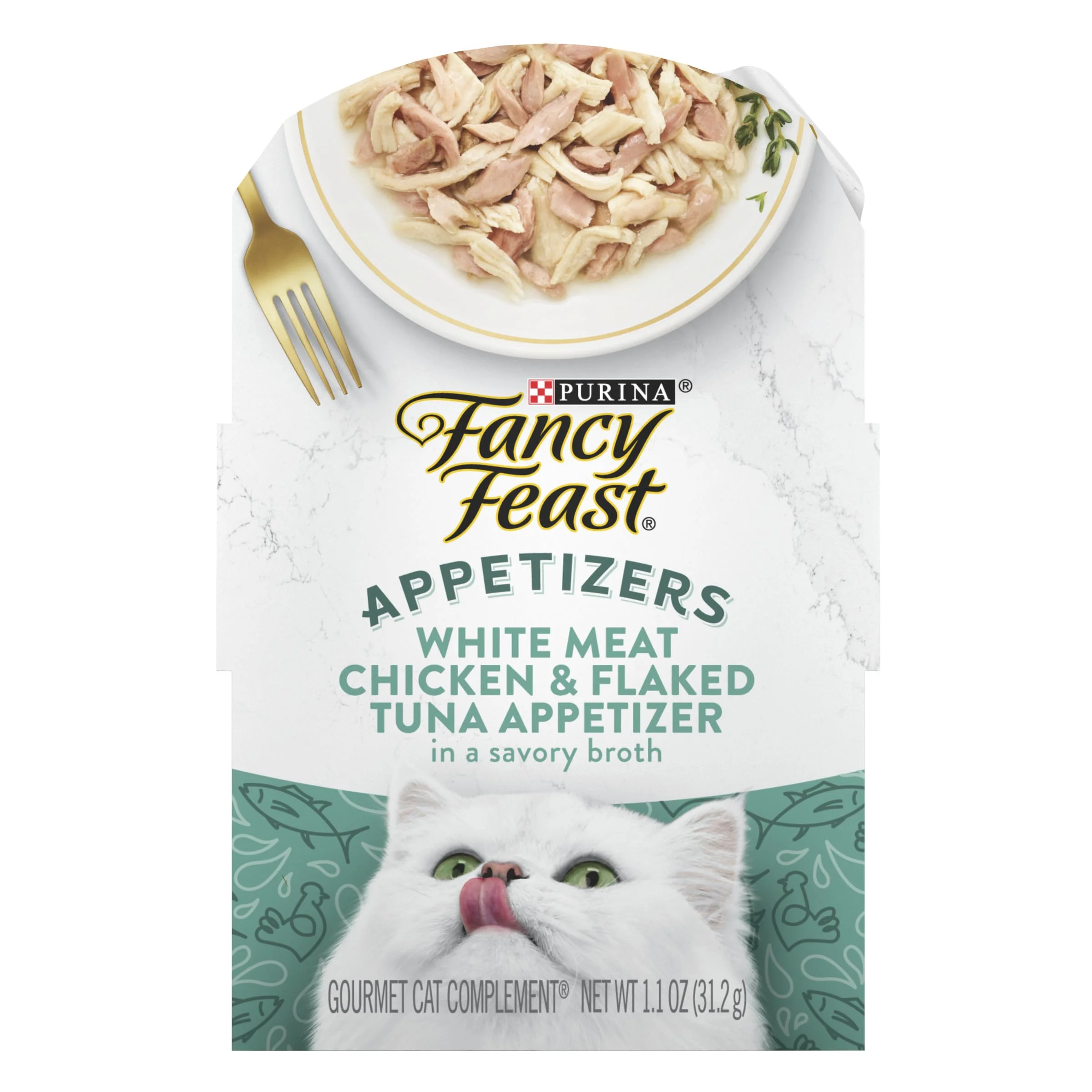 Purina Fancy Feast Appetizers Lickable Grain Free Wet Cat Food Topper White Meat Chicken and Flaked Tuna Appetizer - 1.1 oz. Tray