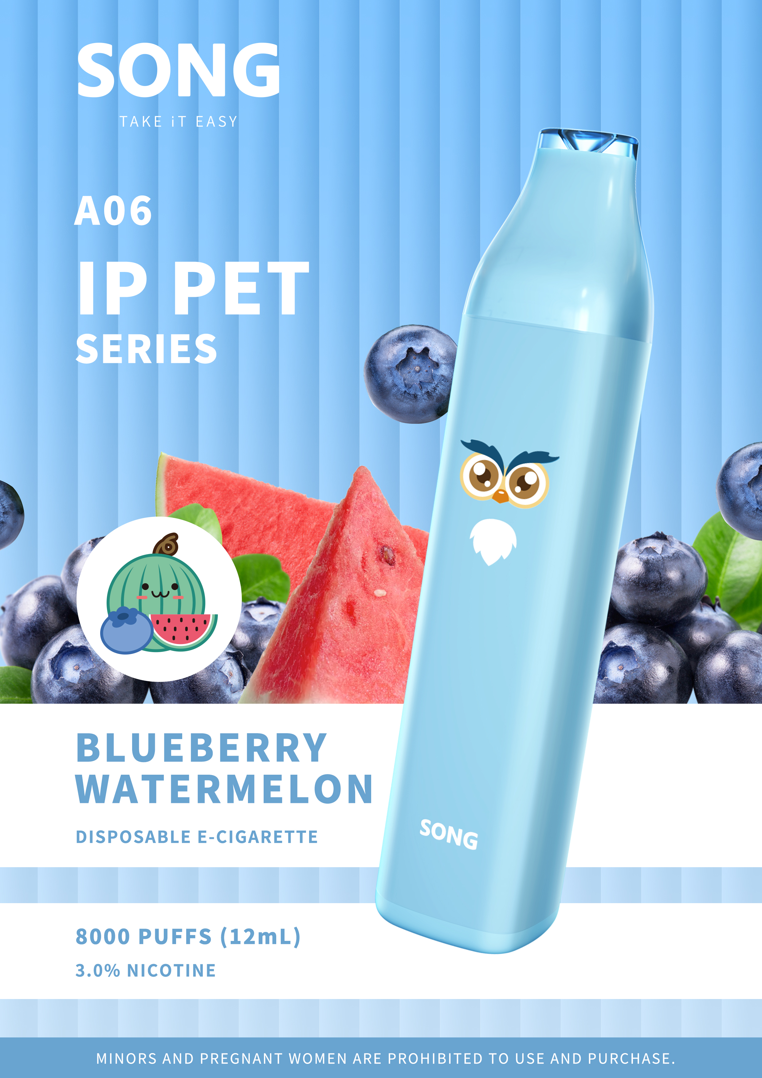 Disposable electronic cigarette IP PET SERIES A06 (Y808)/ Ice blue appearance