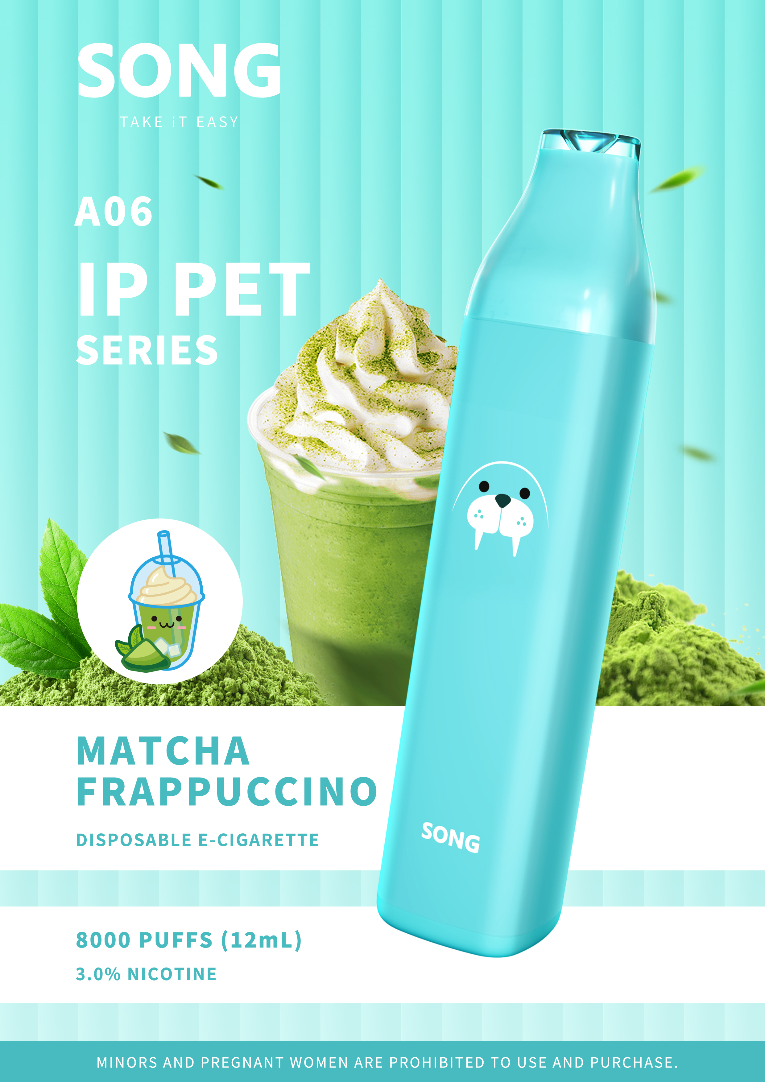 Disposable electronic cigarette IP PET SERIES A06 (Y808）/ Cyan appearance