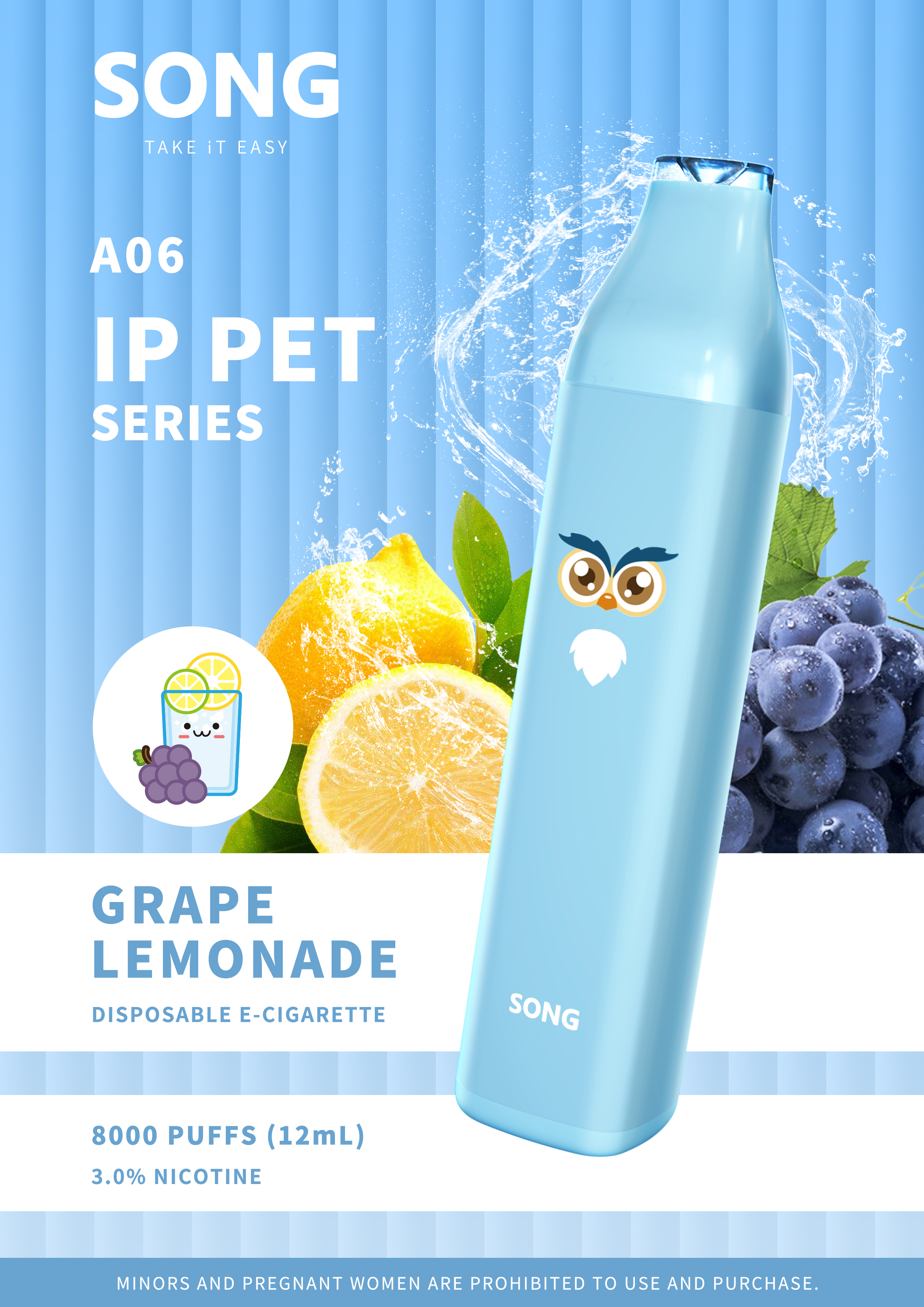 Disposable electronic cigarette IP PET SERIES A06 (Y808)/ Ice blue appearance