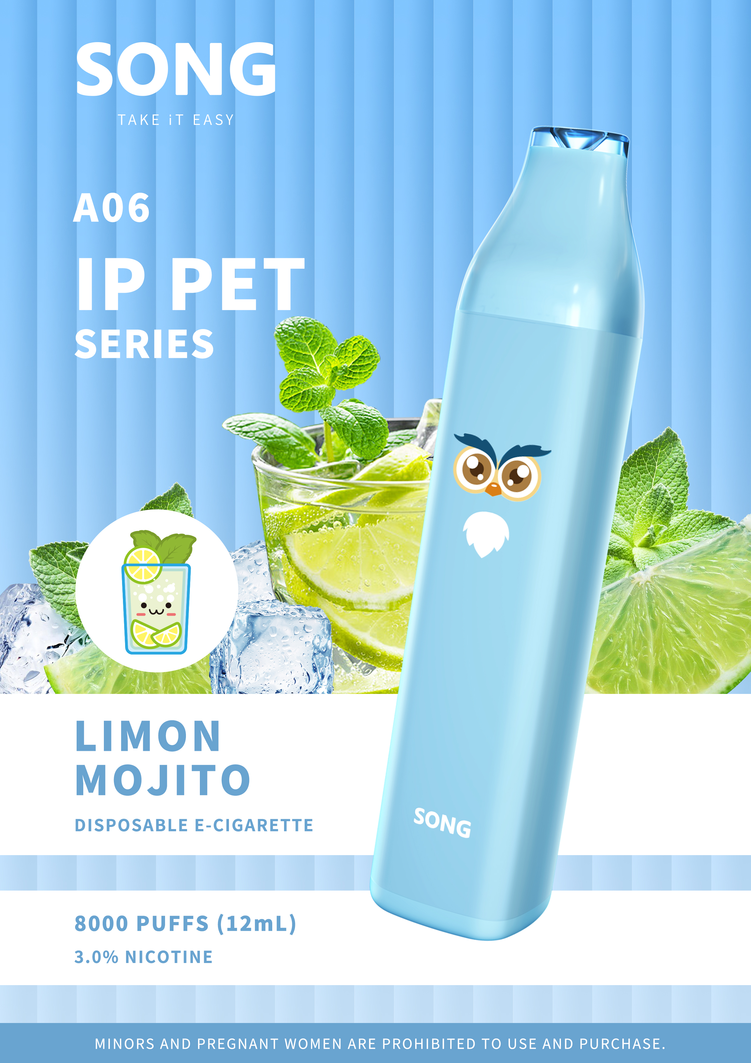 Disposable electronic cigarette IP PET SERIES A06 (Y808)/ Ice blue appearance