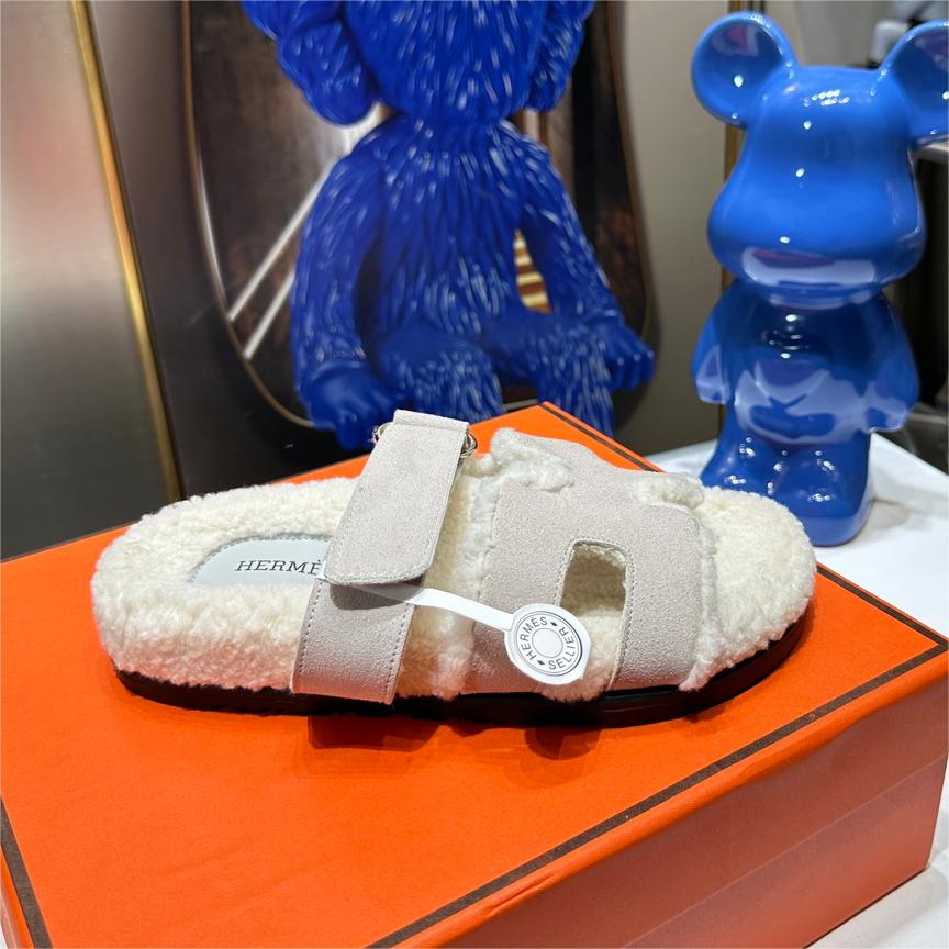 Hermes-Chypre series Velcro  Fur slippers