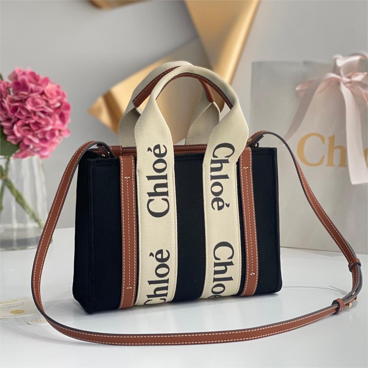 Chloe Woody-Wool Felt Black Tote Bag