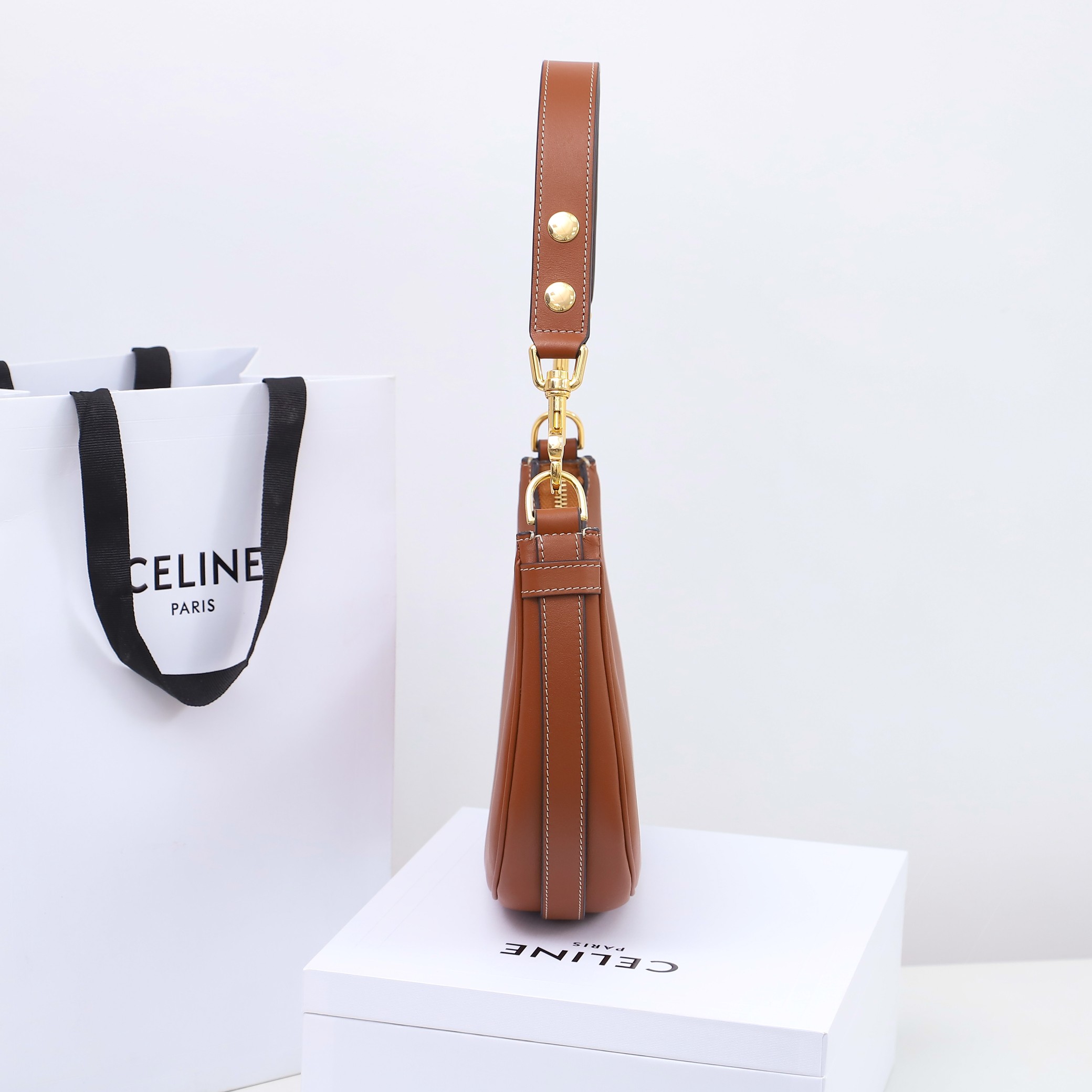 Celine-AVA Medium Smooth Leather Strap Handbag  Yellowish brown