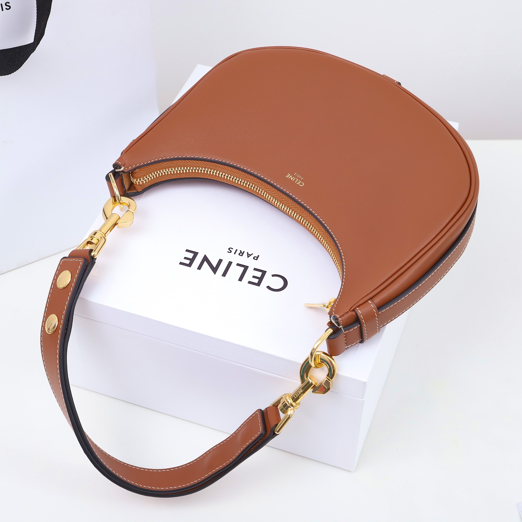 Celine-AVA Medium Smooth Leather Strap Handbag  Yellowish brown