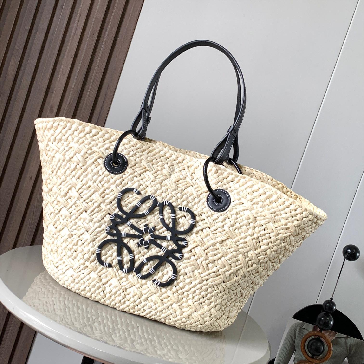 LOEWE-Large size Iraka palm fiber and cowhide Anagram Basket handbag