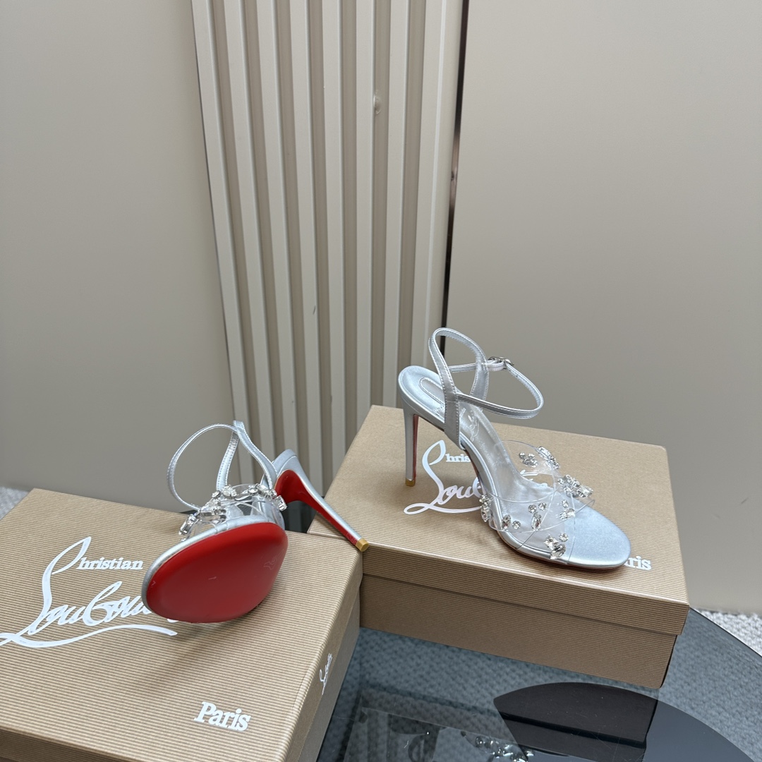 Christian Louboutin-Transparent PVC cross inlaid crystal diamond silver high heels