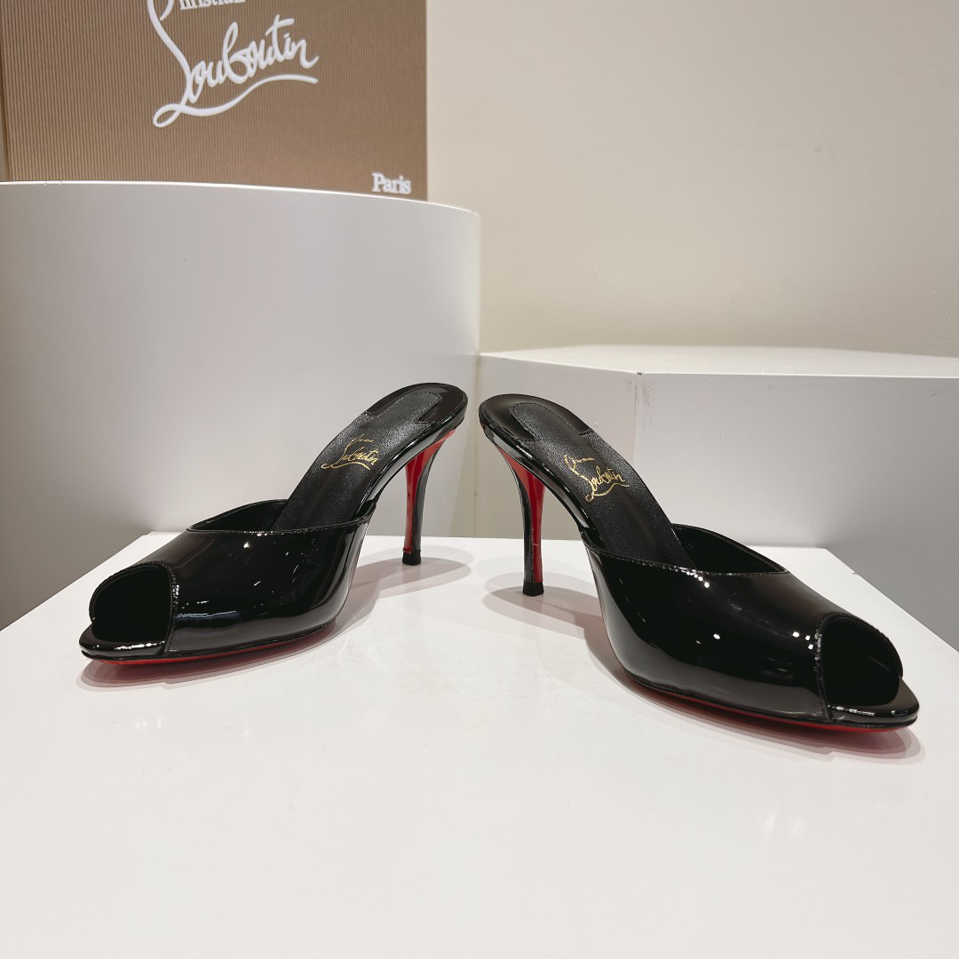 Christian Louboutin-Classic patent leather fish mouth black high-heeled slippers