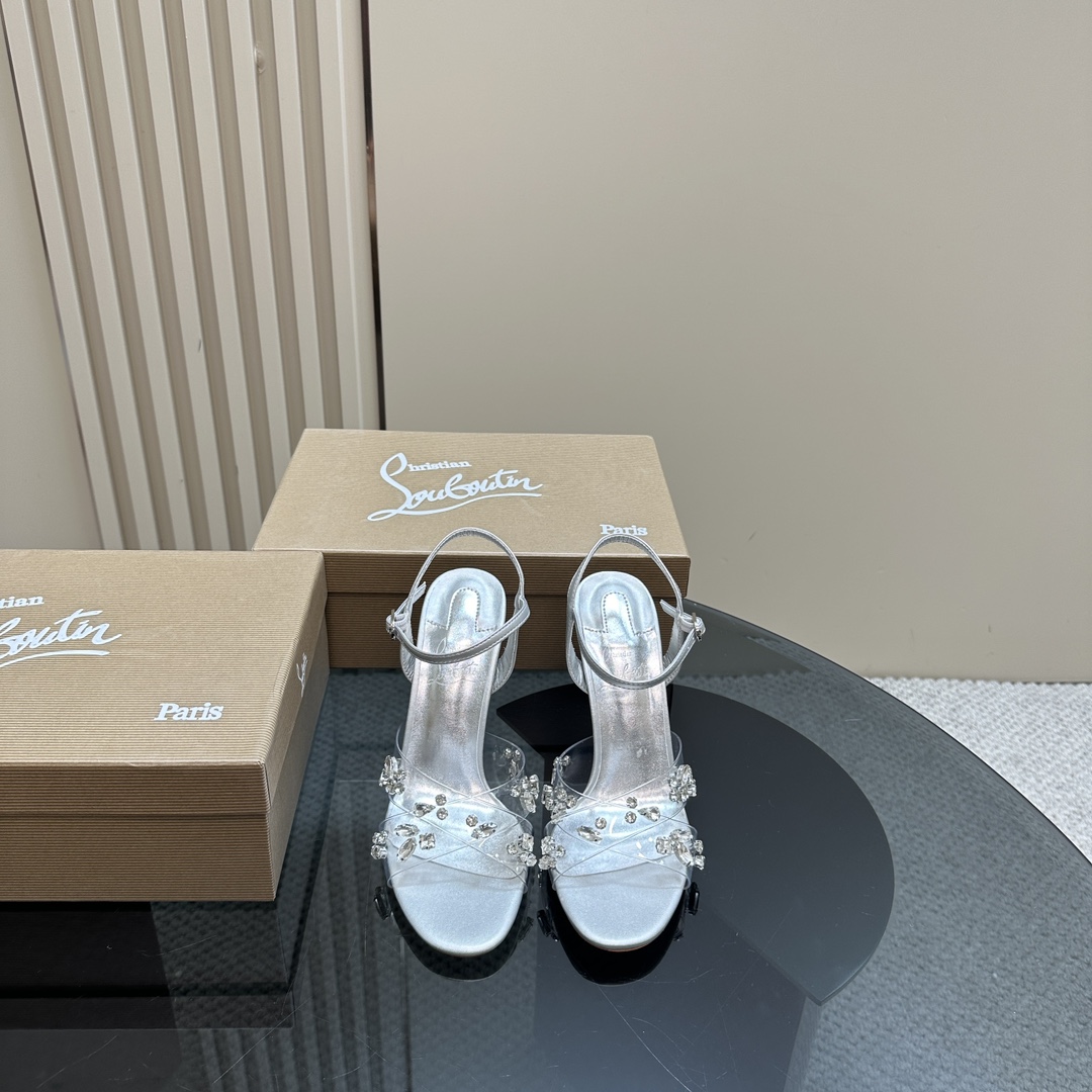 Christian Louboutin-Transparent PVC cross inlaid crystal diamond silver high heels