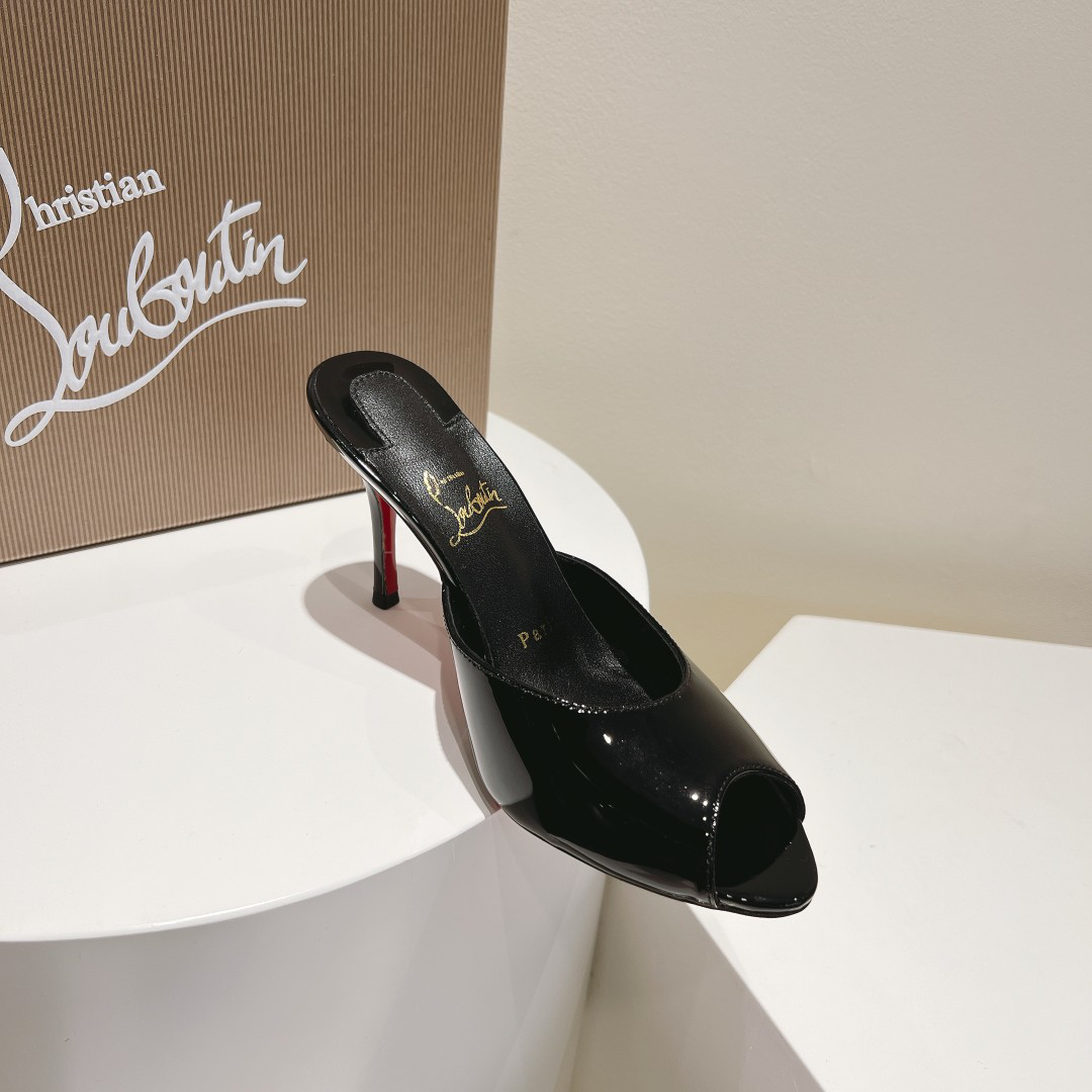 Christian Louboutin-Classic patent leather fish mouth black high-heeled slippers