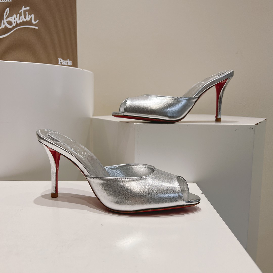 Christian Louboutin-Classic patent leather fish mouth high-heeled slippers