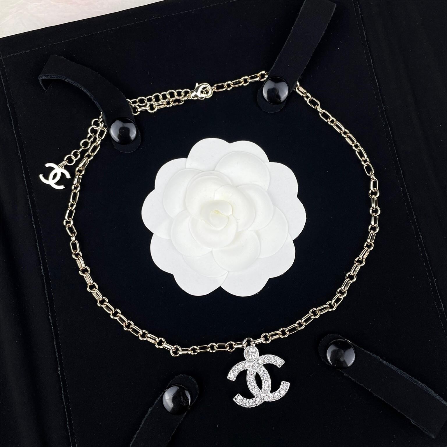 Chanel-Gold and silver contrasting chain white diamond double C pendant necklace