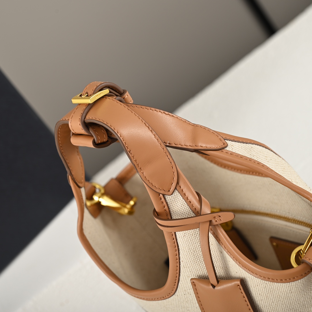 Prada-2024 Summer New Product Linen Blended Leather Tote Bag