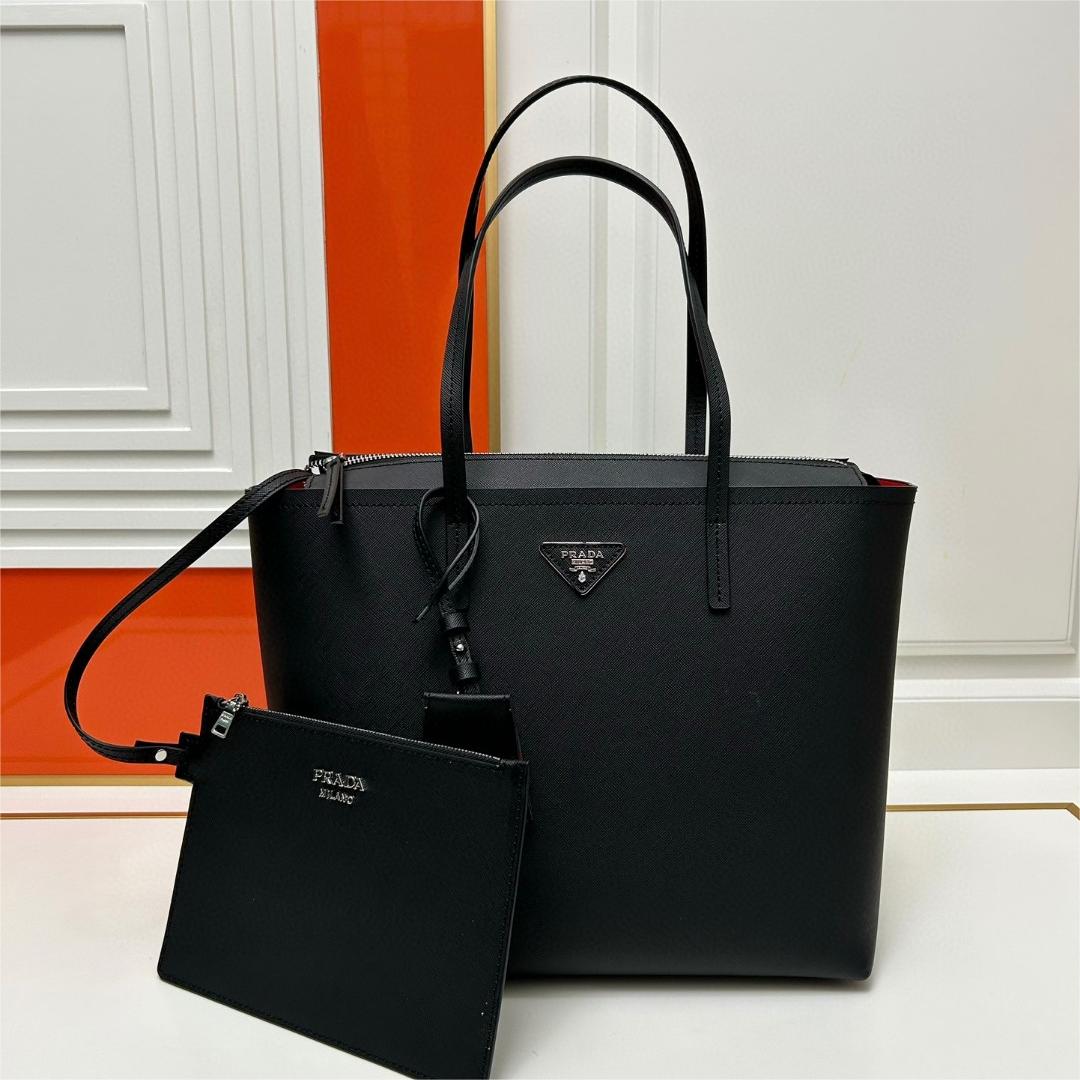 Prada-New shopping bag with cross pattern cowhide and zero cash bag