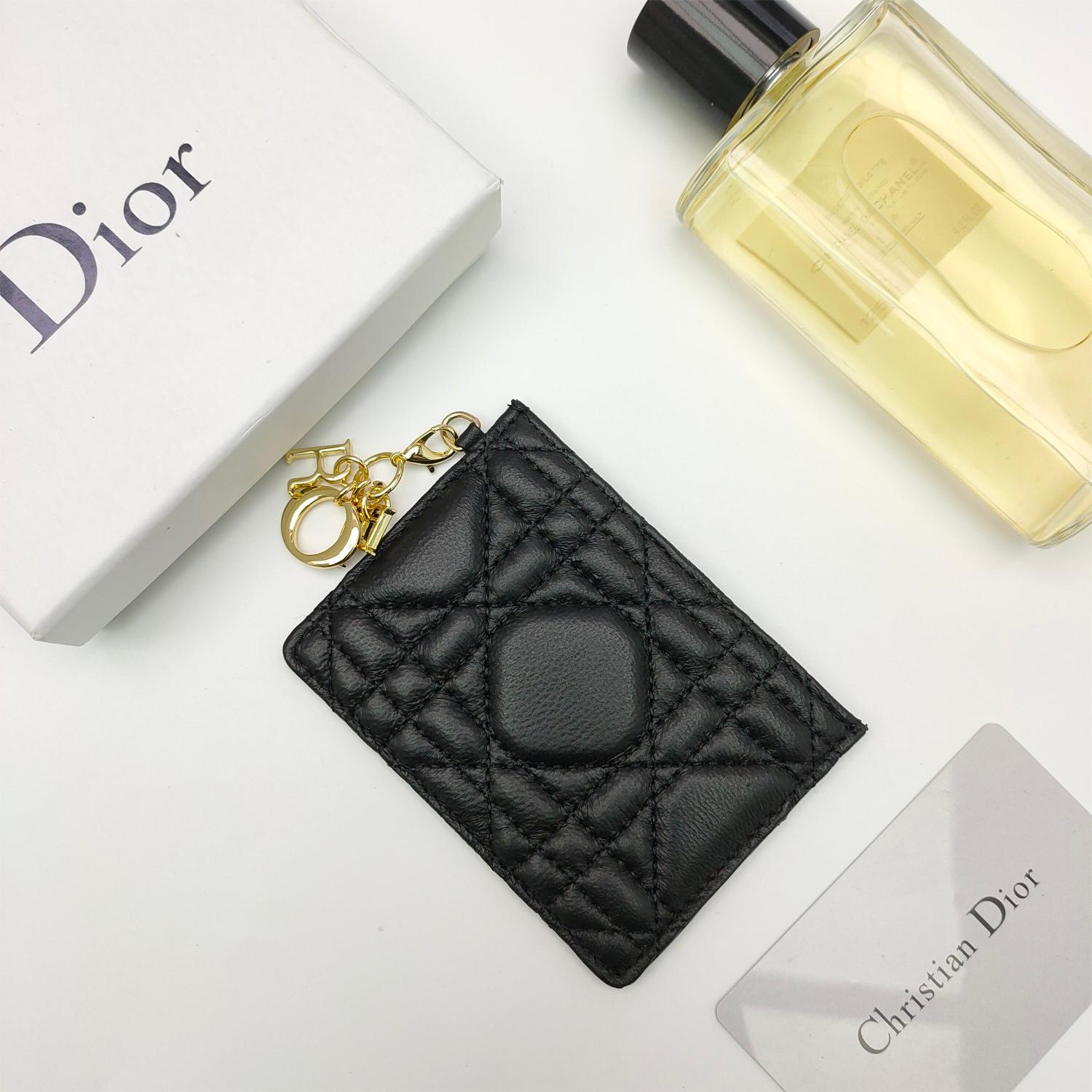 Dior-Lady's five grid card clip sheepskin with rattan grid pattern leather