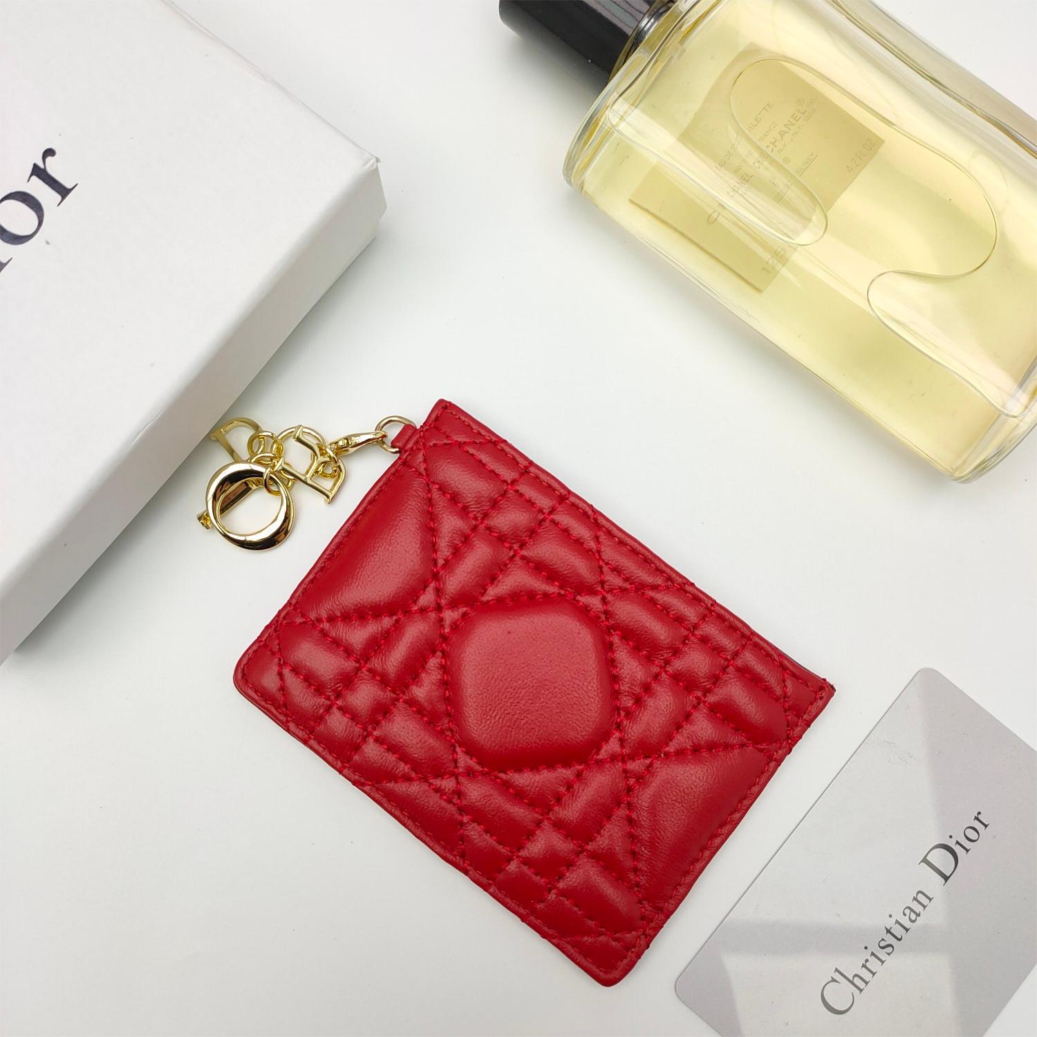 Dior-Lady's five grid card clip sheepskin with rattan grid pattern leather