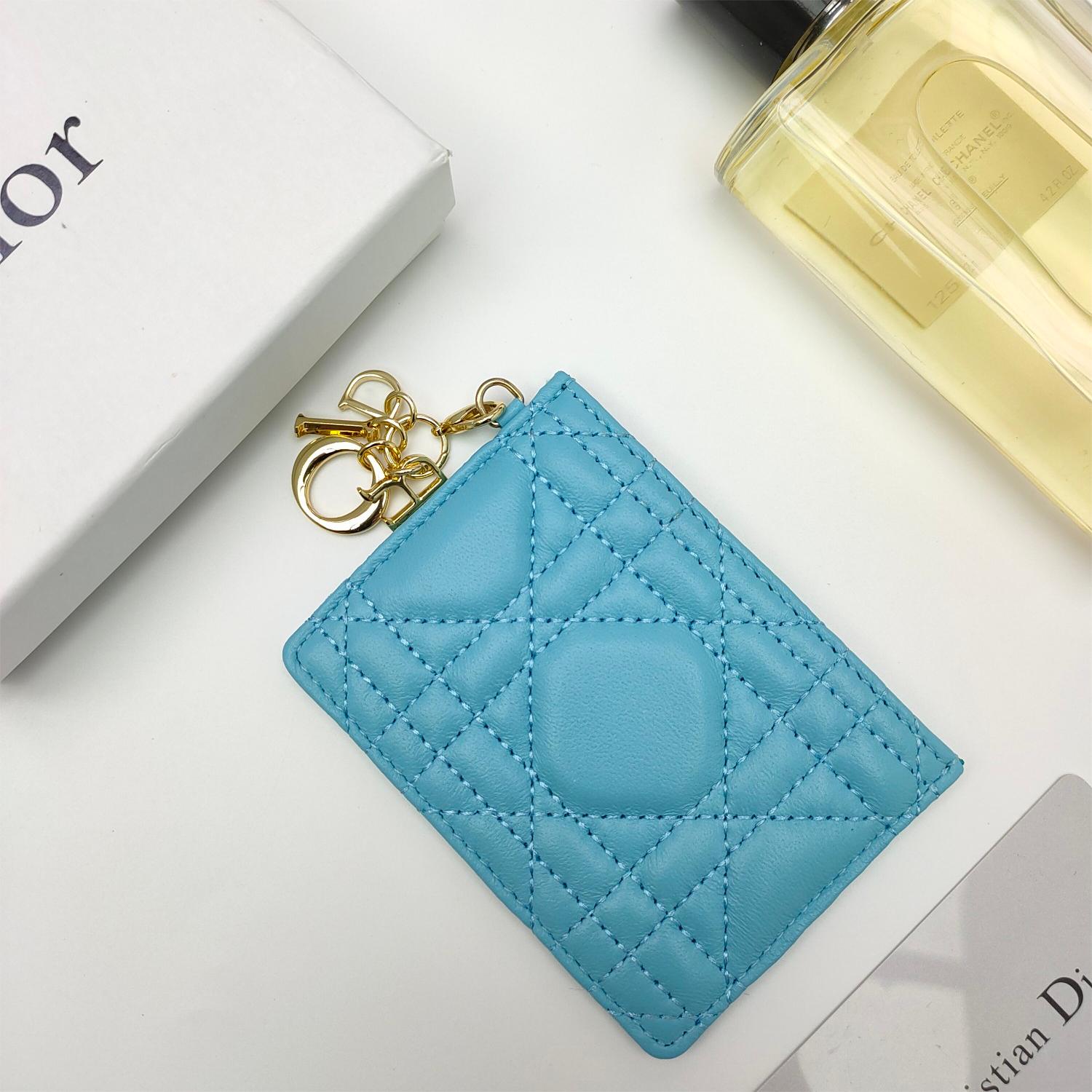 Dior-Lady's five grid card clip sheepskin with rattan grid pattern leather