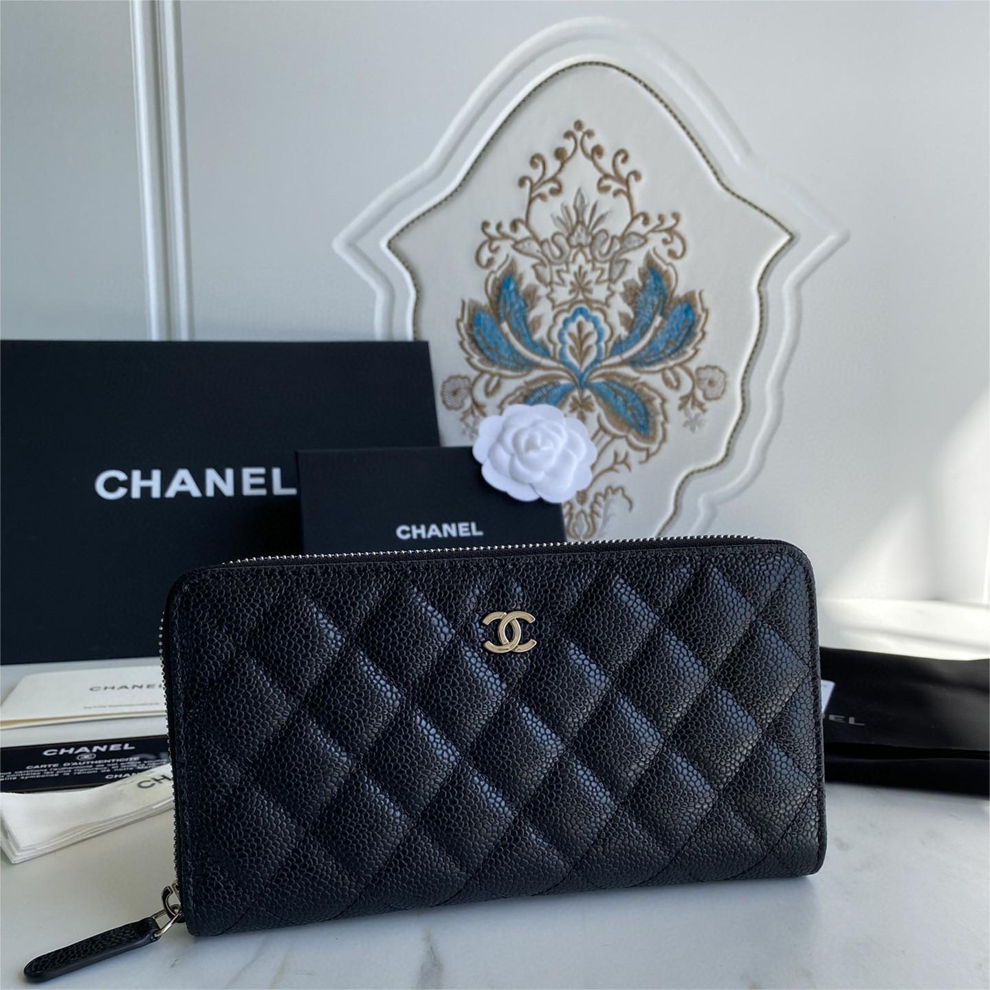 Chanel-Lychee patterned zipper long wallet
