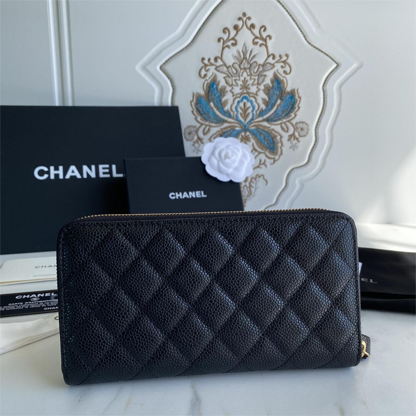 Chanel-Lychee patterned zipper long wallet