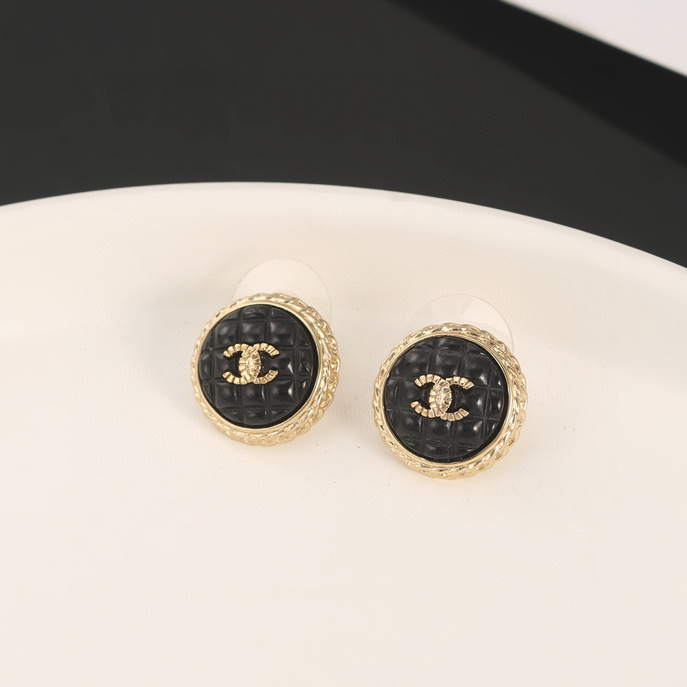 Chanel-Round black lava enamel earrings