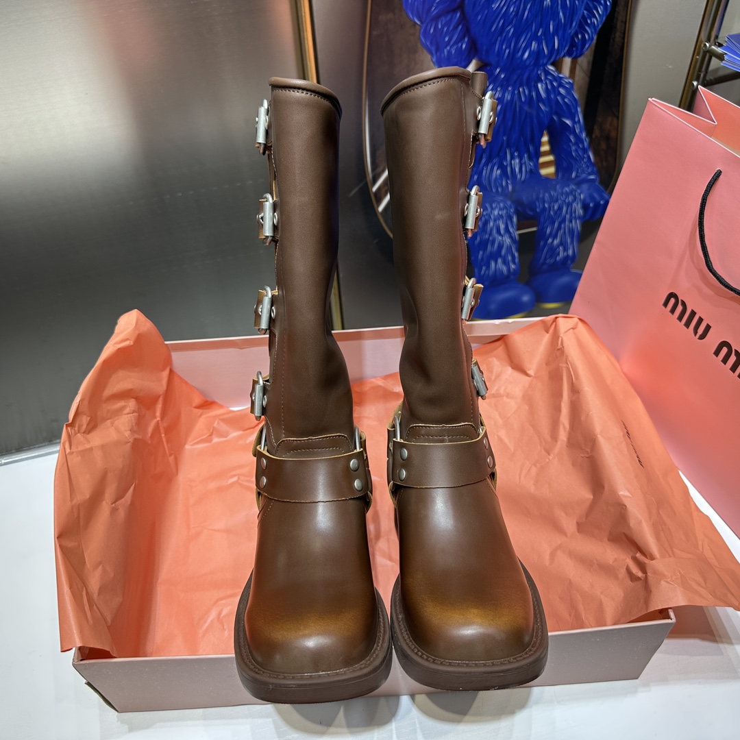 MIU MIU-Retro style belt buckle square toe thick heel boots