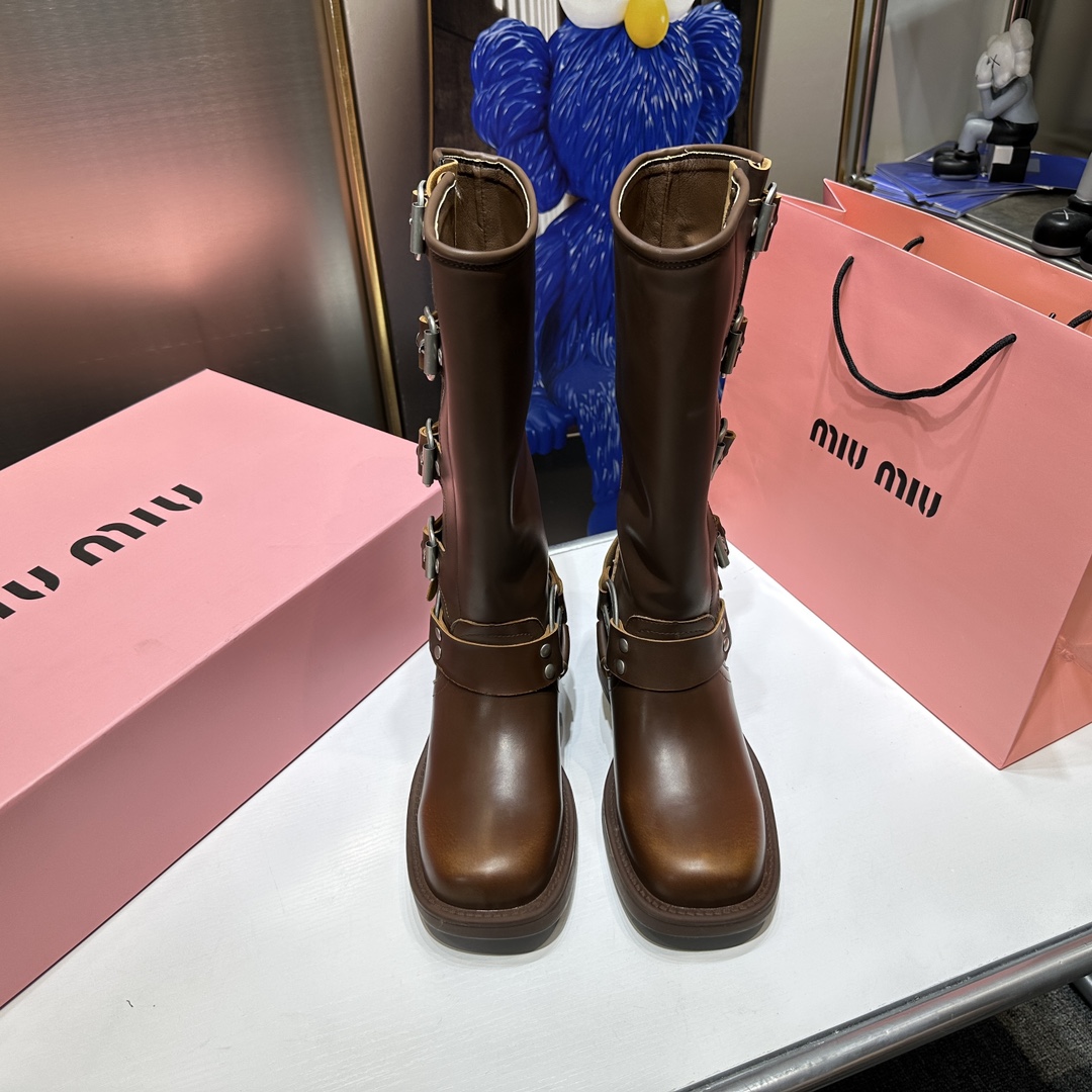 MIU MIU-Retro style belt buckle square toe thick heel boots