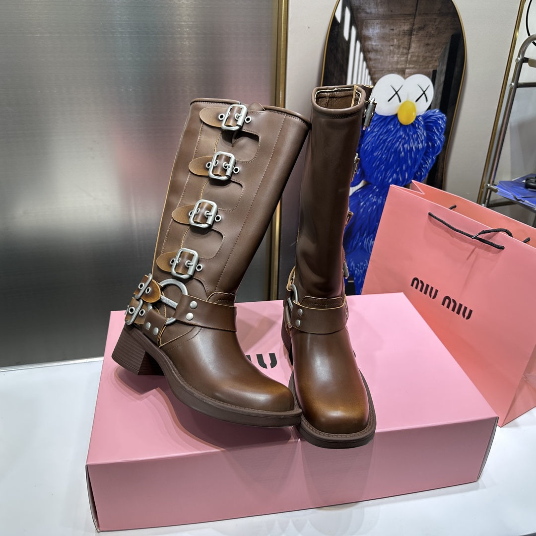 MIU MIU-Retro style belt buckle square toe thick heel boots