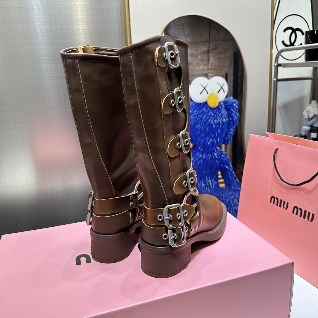 MIU MIU-Retro style belt buckle square toe thick heel boots