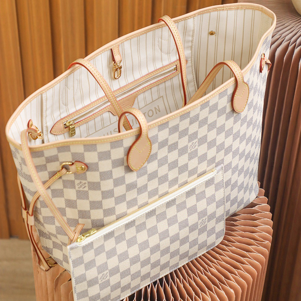 LV-Checkered Canvas and Cowhide Shopping Bag Shoulder Handbag