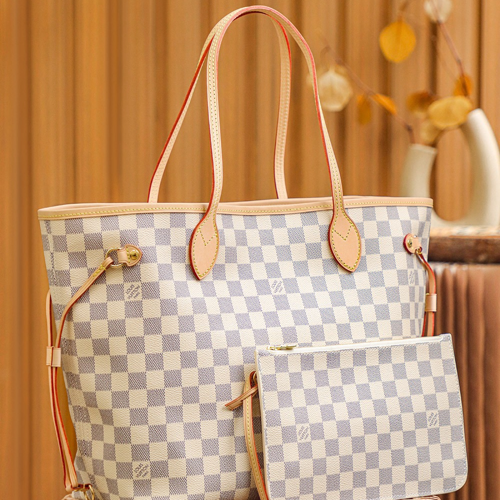 LV-Checkered Canvas and Cowhide Shopping Bag Shoulder Handbag