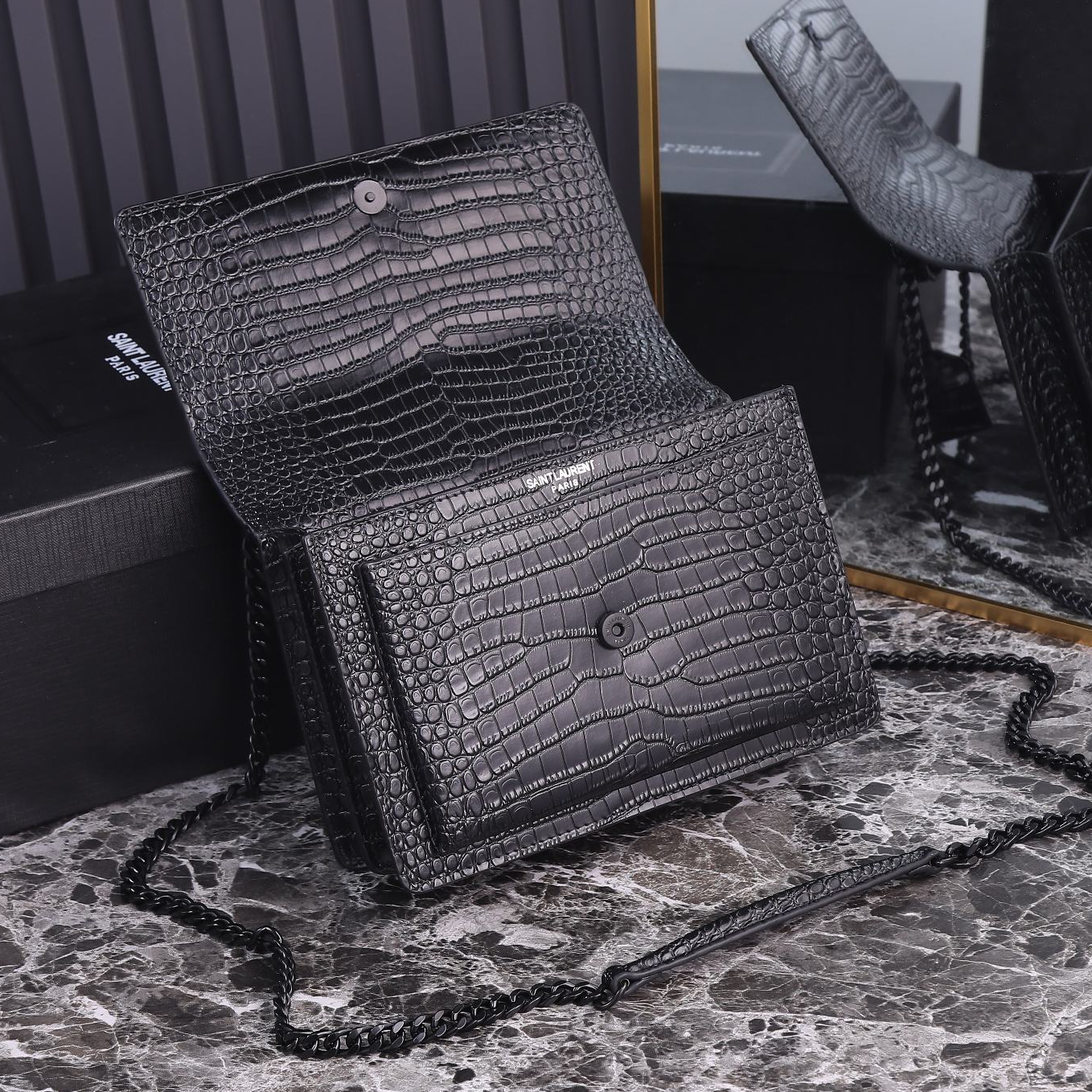 YSL-SUNSET BLACK Crocodile Embossed Shoulder Bag