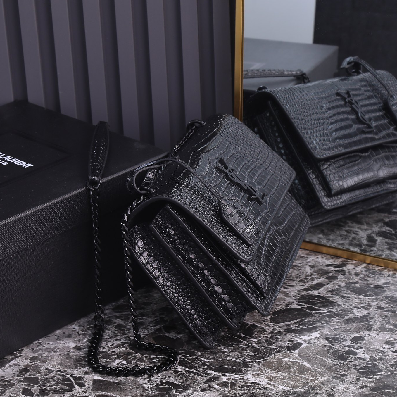 YSL-SUNSET BLACK Crocodile Embossed Shoulder Bag